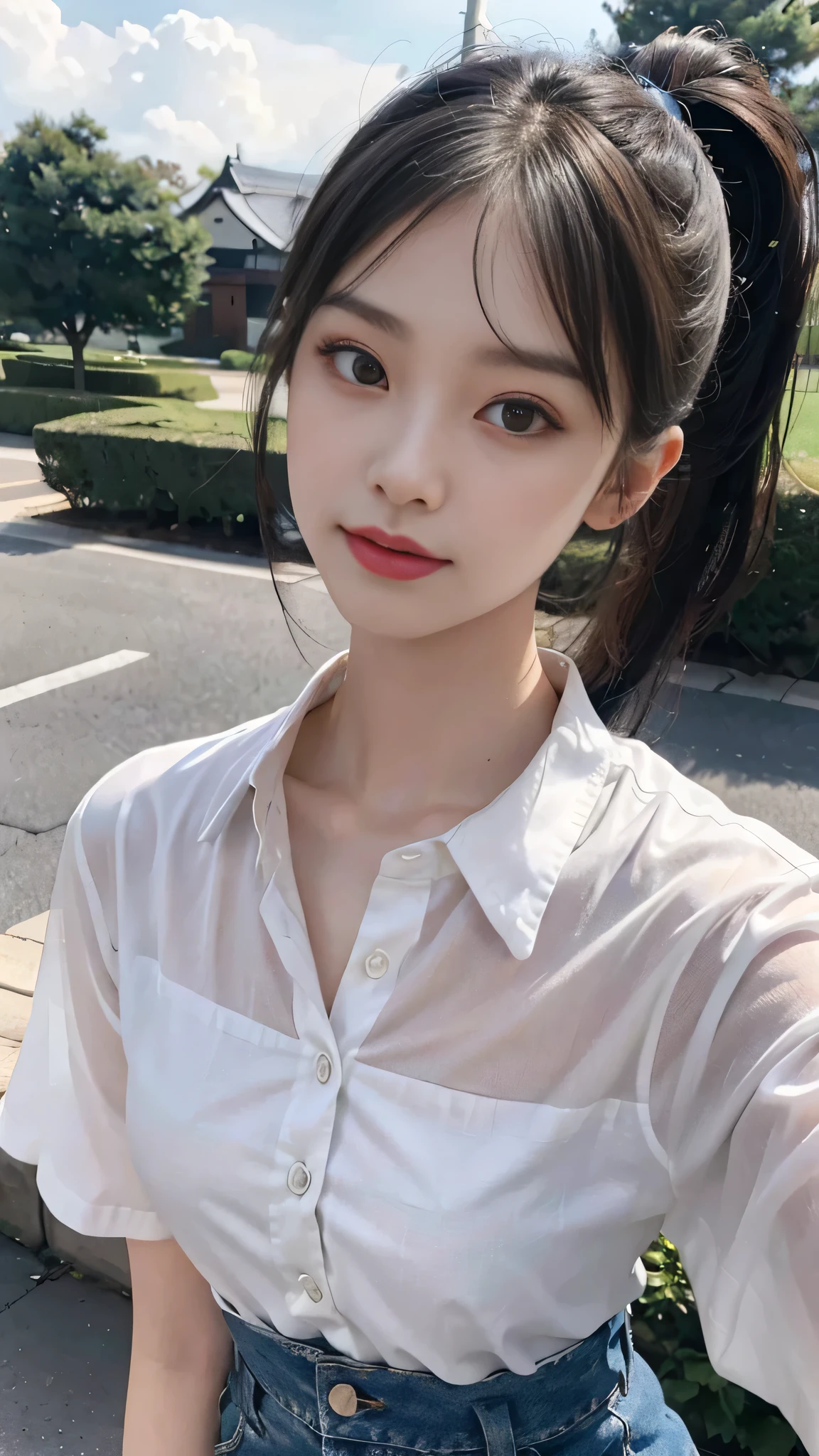 White collared shirt,jeans,Park,On the lawn,Close up face,One woman,masutepiece, The highest image quality, High quality, the background is clear,Beautiful woman, Japanese,Ultra-detailed, finely detail, hight resolution, 8K Wallpaper, Perfect dynamic composition, Beautiful detailed eyes , Detailed, Detailed eyes, Detailed skin, Beautiful skin, 超hight resolution, (reality: 1.4),Very beautiful woman, Slightly younger face, Beautiful skin, slender, (Ultra photo realsisim), (hight resolution), (8K), (Very detailed) (beautifully detailed eyes), (super detailed), (Detailed face), view the viewer, Fine details, Detailed face, Staring straight ahead, Staring straight ahead, photos realistic, Bright lighting, Professional Lighting, Black hair,poneyTail,a baby face,fourteen years old,Hairstyle: ponytail,Long ponytail hairstyle,slight smile,neat and tidy clothing,Beautiful Japanese KPOP idol photo, hair style is ponytail, my eyes are double and wide, baby face, smile and look straight ahead, slender, small breasts,Close up face,