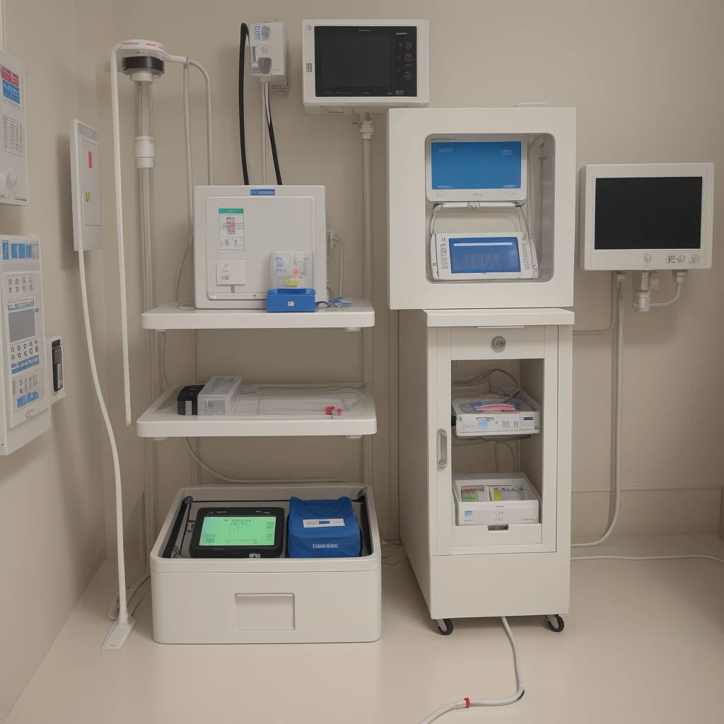 An rectangular big box top contains a adjustable screen ,at the middle need a iv  infusion pump, at the side all vital equipment, another side handrub glove box , another side defibrillator . This is an digital emergency bedside box in hospital ward