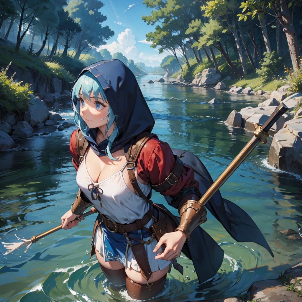 water dwarf in the river with medieval adventurer outfit hood