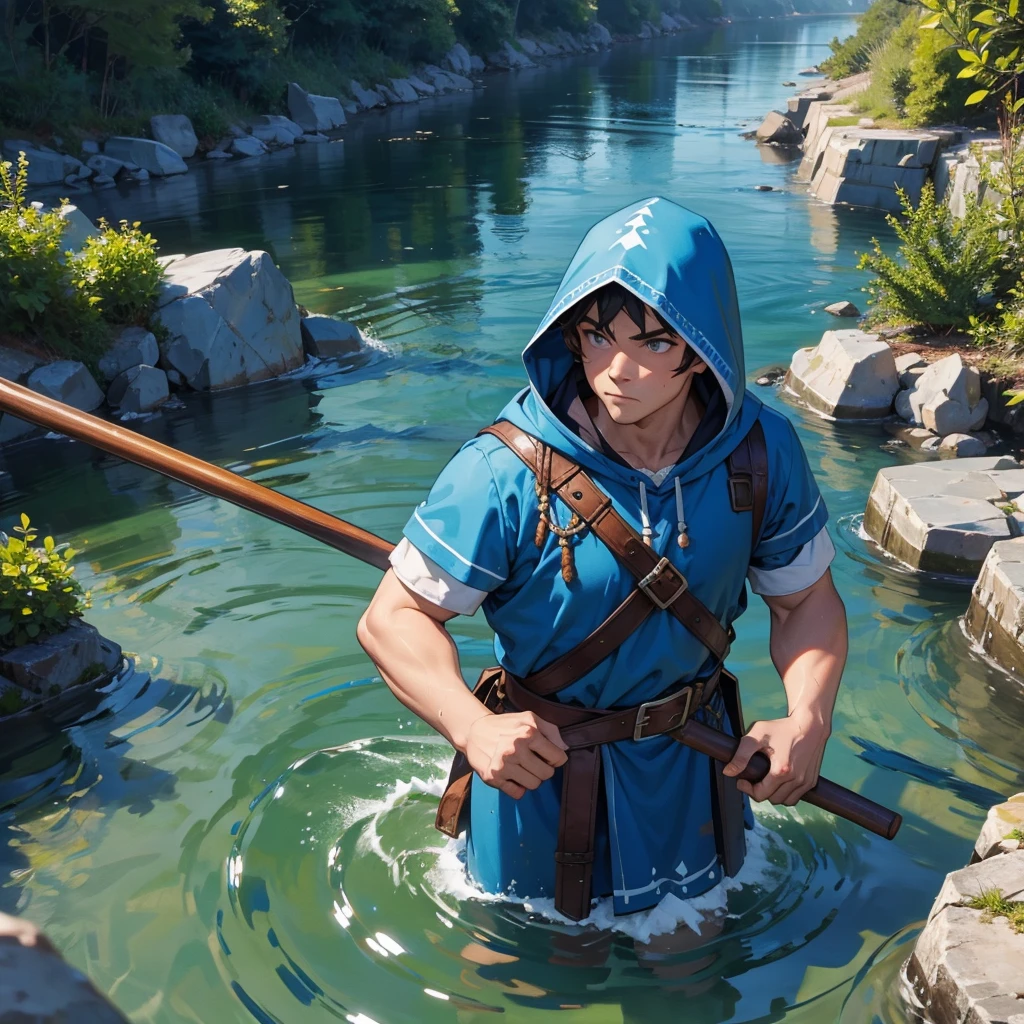 water dwarf in the river with medieval adventurer outfit hood