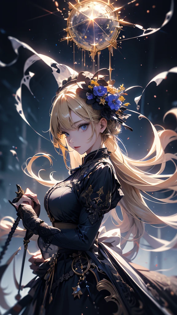 masterpiece, high quality, 4K, Beautiful design, silhouette,blonde, 非常に詳細な夜のStarry Sky,Flower Field, wonderful, Finer details, Very knowledgeable woman, Highly detailed solo, 1 female,Big Breasts,Gothic Lolita Fashion,Night view,Starry Sky,full moon,