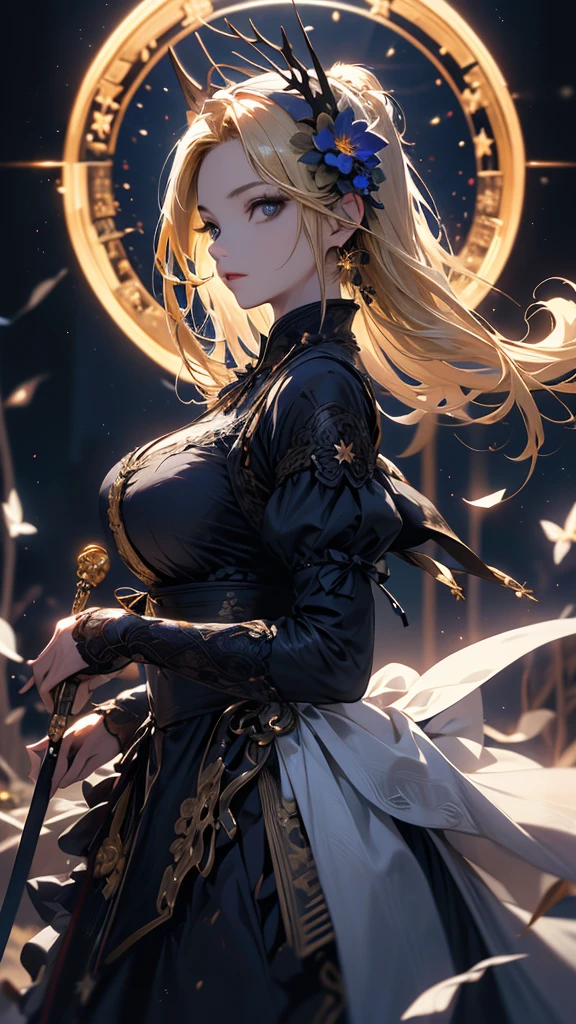 masterpiece, high quality, 4K, Beautiful design, silhouette，blonde， 非常に詳細な夜のStarry Sky,Flower Field， wonderful, Finer details,  Very knowledgeable woman, Highly detailed solo, 1 female,Big Breasts，Gothic Lolita Fashion，Night view，Starry Sky，full moon，