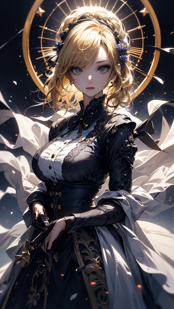 masterpiece, high quality, 4K, Beautiful design, silhouette，blonde， 非常に詳細な夜のStarry Sky,Flower Field， wonderful, Finer details,  Very knowledgeable woman, Highly detailed solo, 1 female,Big Breasts，Gothic Lolita Fashion，Night view，Starry Sky，full moon，