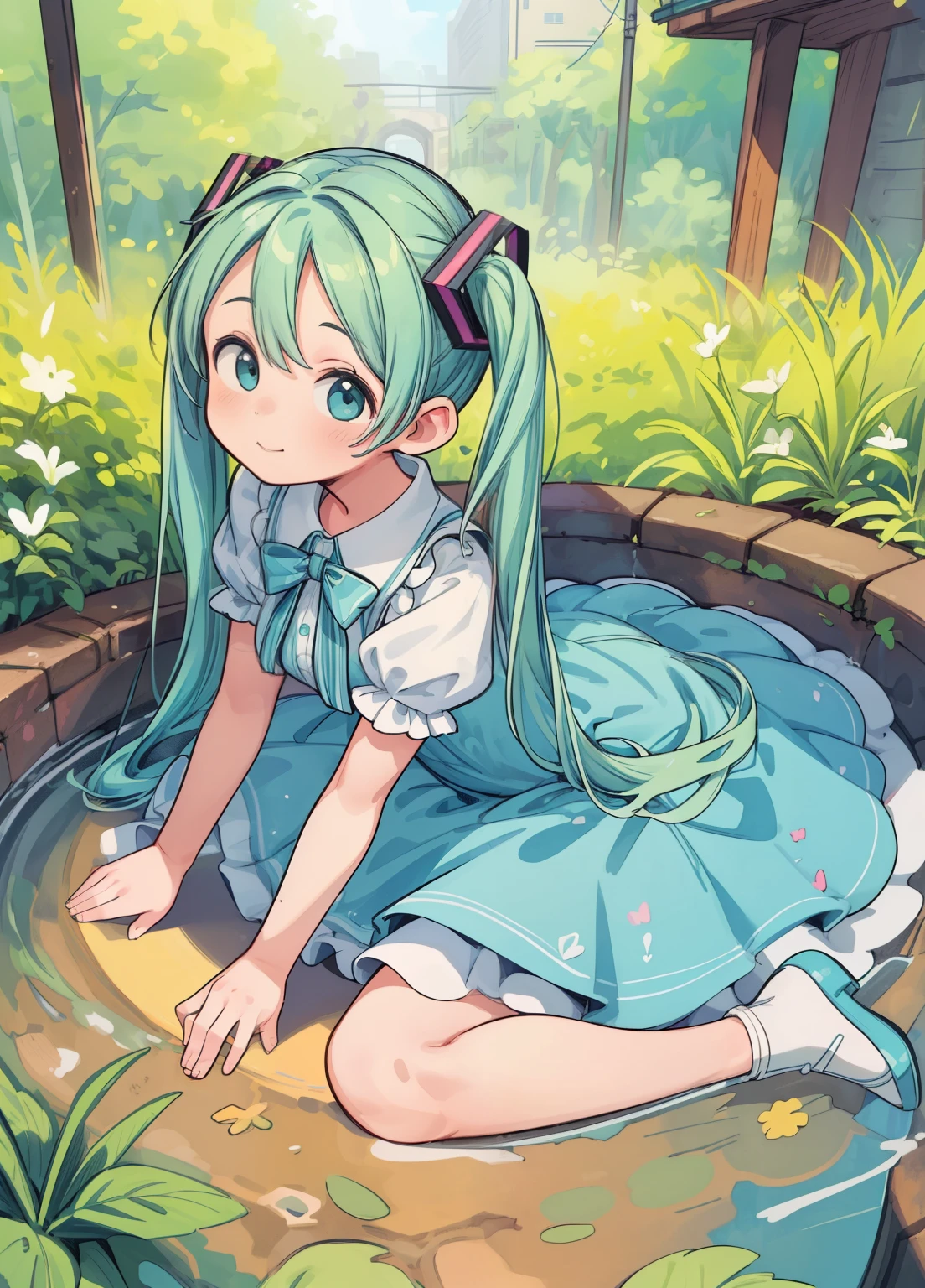 (masterpiece、Highest quality、Highest quality、Official Art、Beautiful and beautiful:1.2)、(One girl:1.3)Hatsune Miku、Twin tails,Beautiful breasts,Manhole Art、An illustration、Fantasy、wonderful、Rounded edges、colorful、Attention to detail