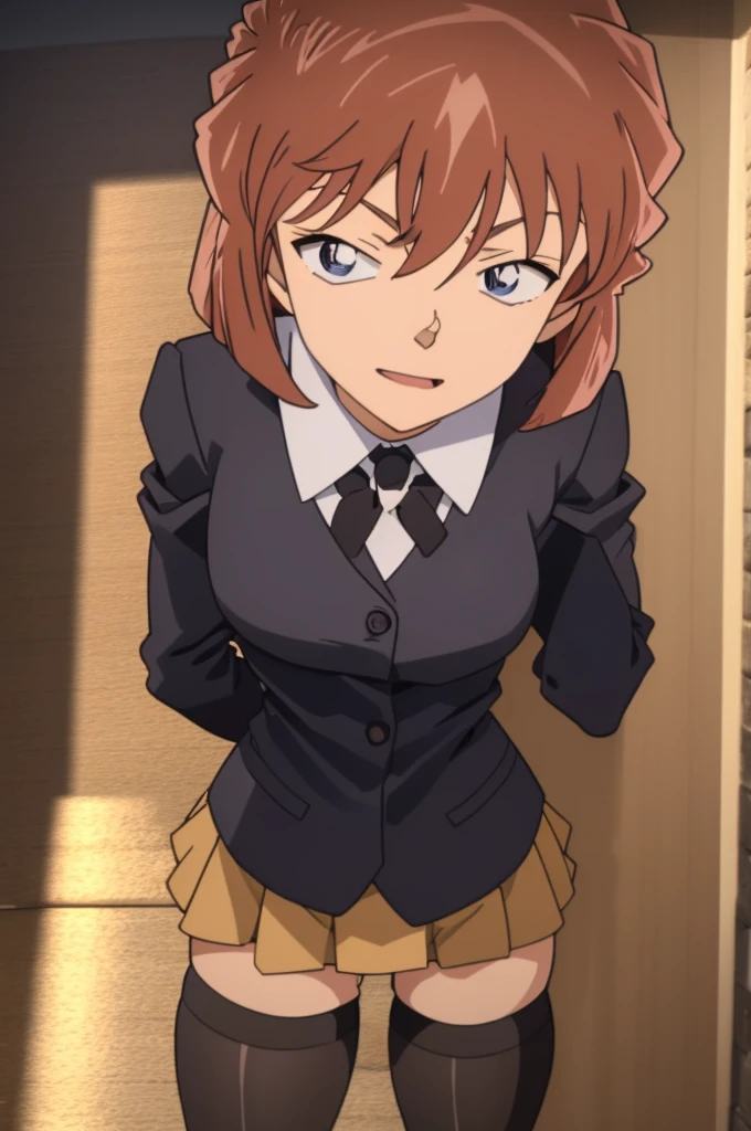 masterpiece，best quality，8k Illustration，Haibara Ai，Aoyama Gangsho style，Flowing hair，Smooth lines，best quality，The finest details，Brown hair blue eyes girl，Actress，Medium shot，The best background，Best quality，The brightest smile，Ultra Detailed，Best Illustration，The best shadow，Solitary，Uniforms, Black jacket，Light pink shirt inside, (jk brown skirt:1.2), Black knee socks, Looking at the audience, Put your hands behind your back，Small Breasts，The best costumes，Best starry night，The most beautiful proportion，The best wavy short hair，The most realistic human body structure，Detective Conan painting style，Alone
