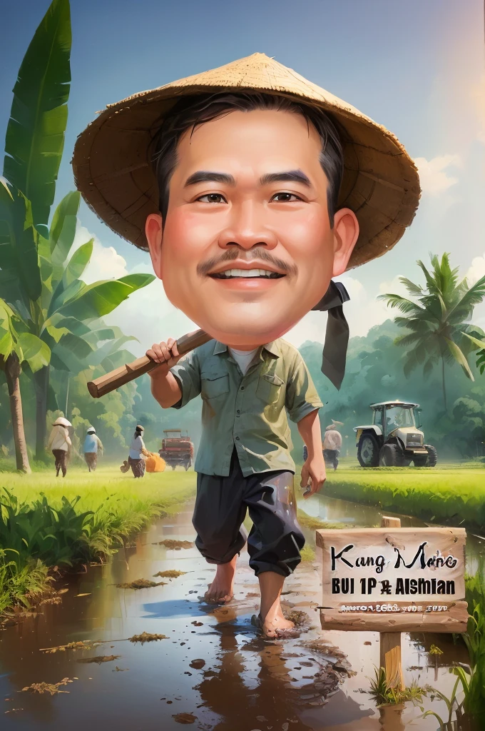 cartoon man walking in a muddy field with Bring a hoe, black hair, With a wooden plank stuck in front of him, caricature illustration, farmer, caricature style, japanesse farmer, cartoon portrait, caricature, cartoon digital painting, caricature!!!, south east asian with round face, cartoon artstyle, potrait, cartoon digital art, digital cartoon painting art, do hoang tuong artwork, big head