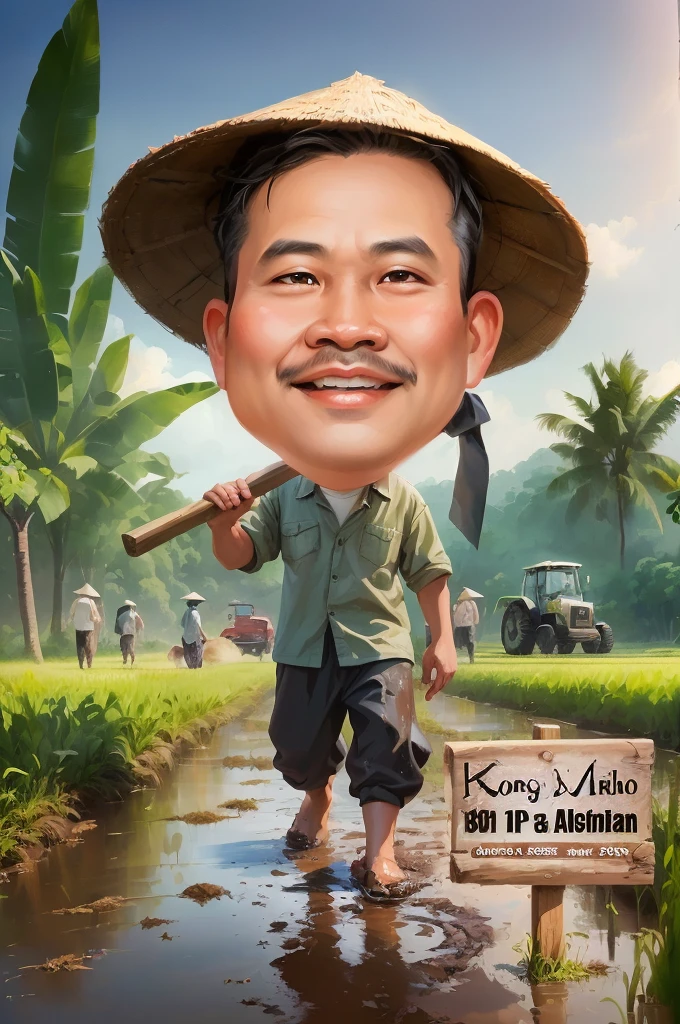 cartoon man walking in a muddy field with Bring a hoe, black hair, With a wooden plank stuck in front of him, caricature illustration, farmer, caricature style, japanesse farmer, cartoon portrait, caricature, cartoon digital painting, caricature!!!, south east asian with round face, cartoon artstyle, potrait, cartoon digital art, digital cartoon painting art, do hoang tuong artwork, big head