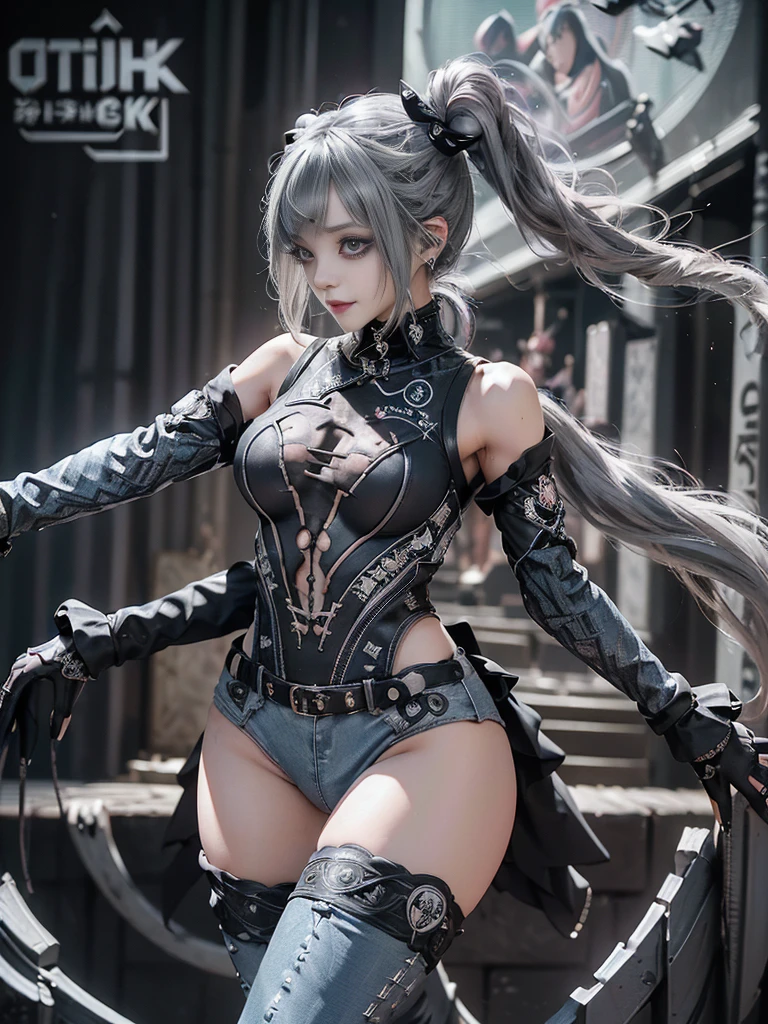 (Full Body View:1.3)、(Side view:1.1)、(Smiling with teeth showing:1.3),(Shibuya Gal:1.5)、(Gothic Lolita style fashion:1.5)、(Punk RockVisual Kei:1.5)、(Wearing a rhythmic gymnastics bodysuit with intricate details:1.4)、(Racing suit and pants with intricate decorations in white, denim and charcoal:1.5)、(Denim and light blue and white boots:1.3)、((belt))、(Numerous delicate logo marks all over the costume:1.4)、(collar:1.3)、(Striped underwear:1.5)、20-year-old、NSFW、((Highest quality、In 8K、masterpiece:1.3))、Sharp focus:1.2、(Layered Cut、Huge boobs:1.1),Beautiful woman with perfect figure:1.4、(Dancing vigorously:1.3)、Slender Abs:1.2、Highly detailed face and skin texture、Detailed eyes、double eyelid,(Twin tails:1.3)、(Dark silver hair:1.3)、Gravure idol、(The background is the stage of the fashion show:1.3)、(Slim body:1.3),(Make your legs thinner:1.4),(clavicle:1.1)、(Thin and slim thighs:1.3)