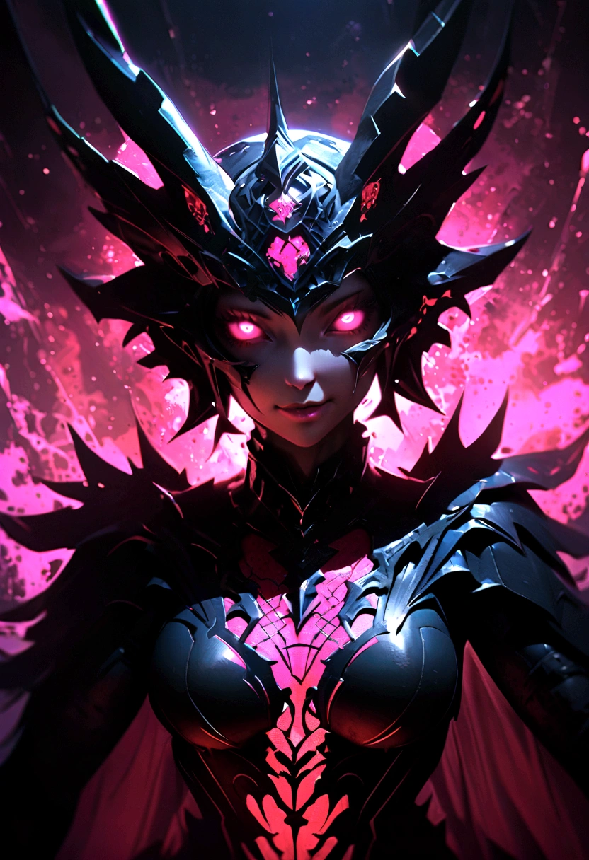a portrait of a monster girl with a wide, sly smile with all of her pitch-black eyes facing upwards, scary , ultra wide-angle, Grainy , mysterious color , infrared lighting . Super detailed, photorealistic, splattered, spattered , cinematic light , black background , Cycles render, intricate artwork masterpiece , dreamy, glowing, backlit, glamour, vibrant, ultra high quality model, 4K
