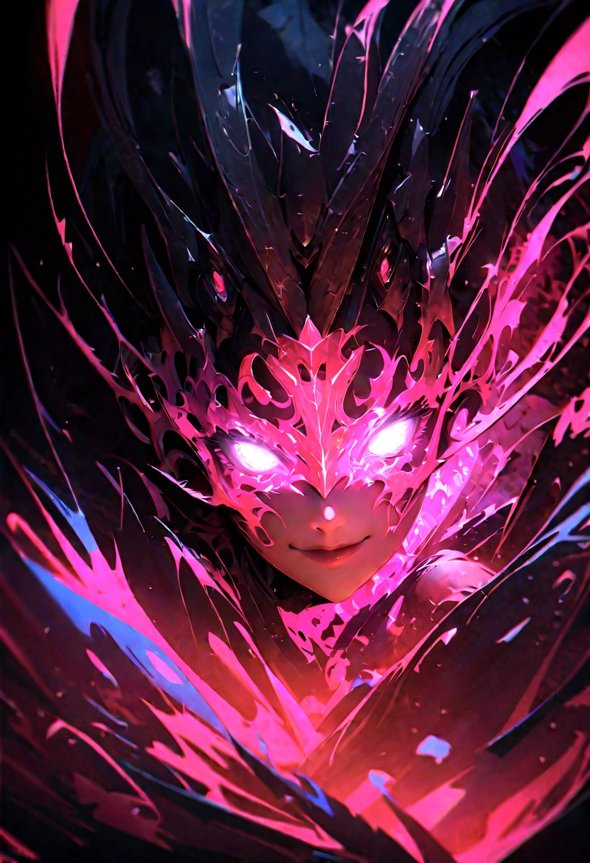 a portrait of a monster girl with a wide, sly smile with all of her pitch-black eyes facing upwards, scary , ultra wide-angle, Grainy , mysterious color , infrared lighting . Super detailed, photorealistic, splattered, spattered , cinematic light , black background , Cycles render, intricate artwork masterpiece , dreamy, glowing, backlit, glamour, vibrant, ultra high quality model, 4K