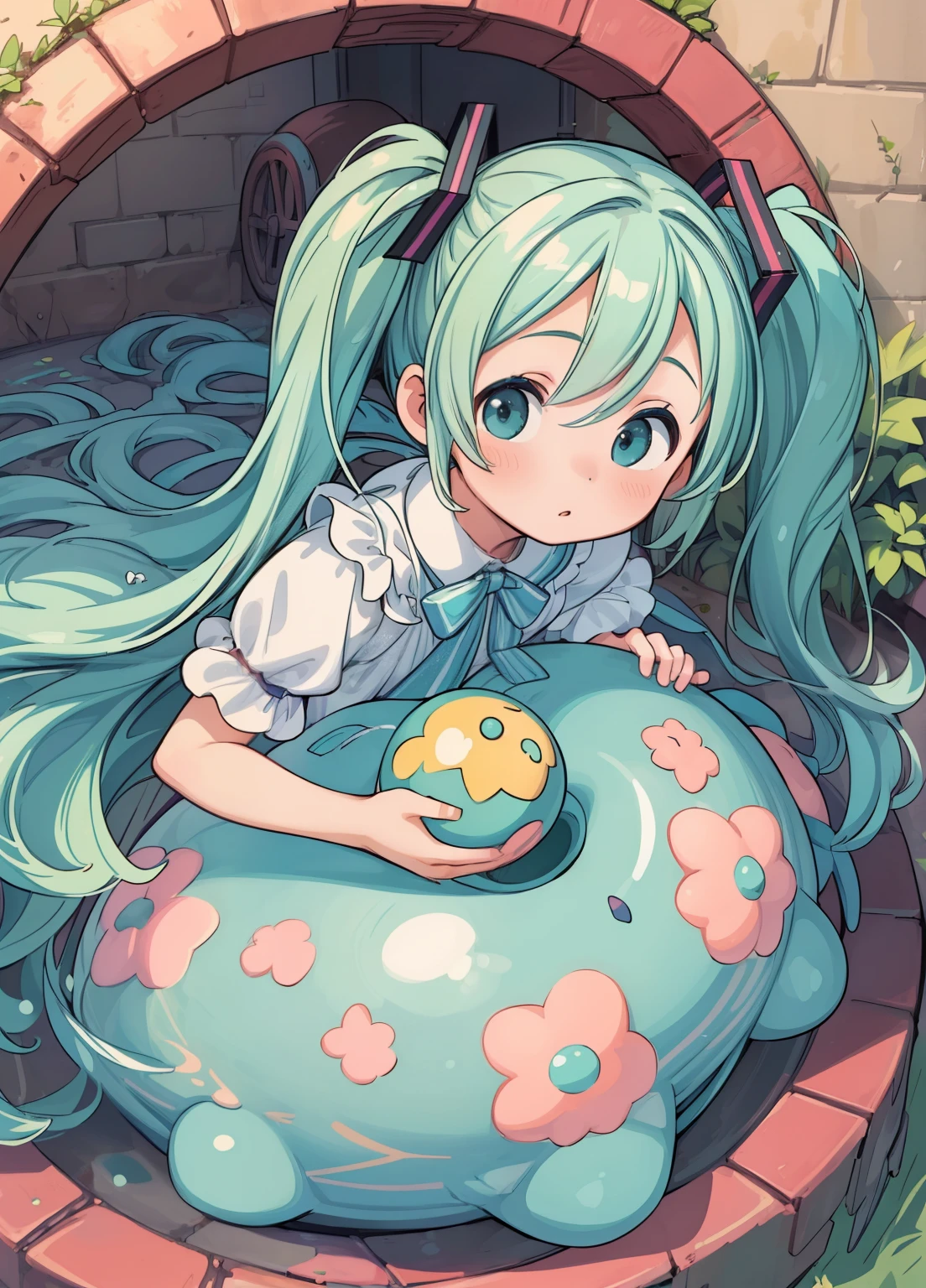 (masterpiece、Highest quality、Highest quality、Official Art、Beautiful and beautiful:1.2)、(One girl:1.3)Hatsune Miku、Twin tails,Beautiful breasts,Manhole Art、An illustration、Fantasy、wonderful、Rounded edges、colorful、Attention to detail
