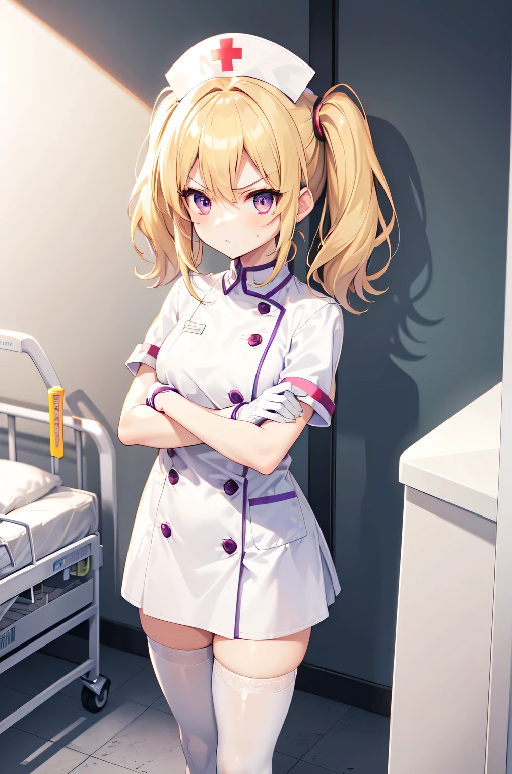 1girl, solo, nurse, nurse cap, white nurse uniform, ((white legwear, zettai ryouiki)), white gloves, twintails, yellow hair, purple eyes, angry, crossed arms, standing, ((hospital room)), sharp outline, short sleeves, best quality, masterpiece