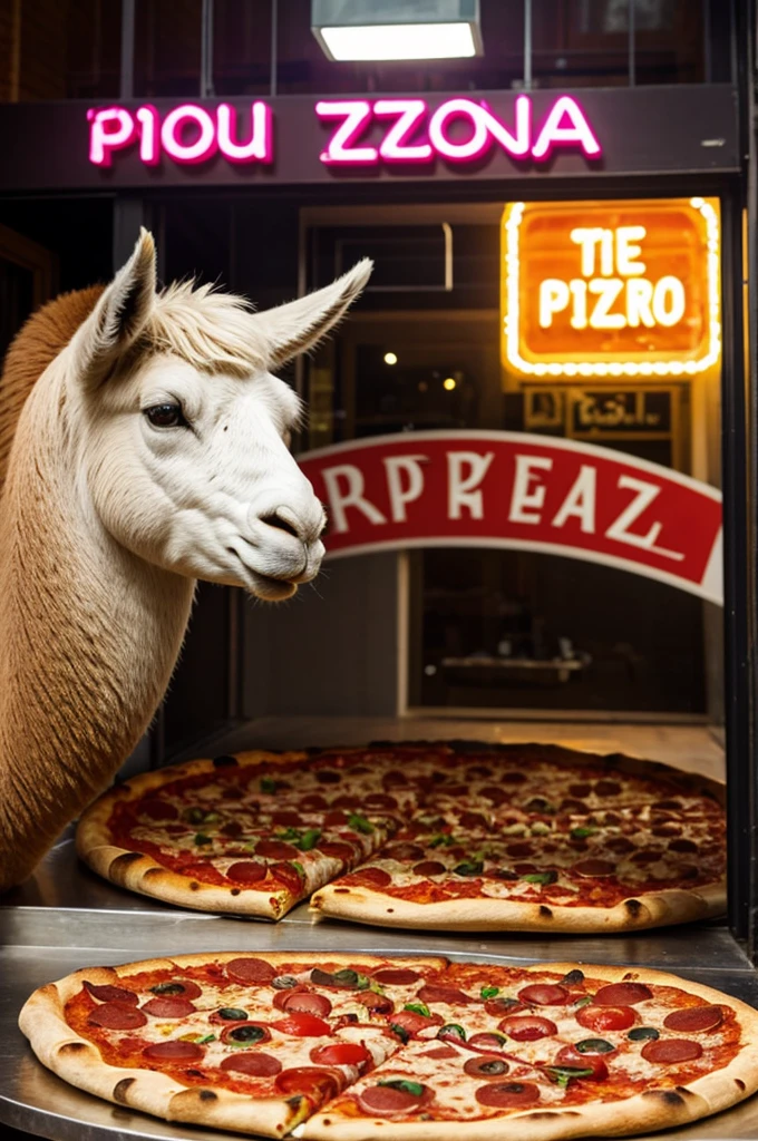 Neon logo of pizzeria called pizzaland with a llama eating pizza
