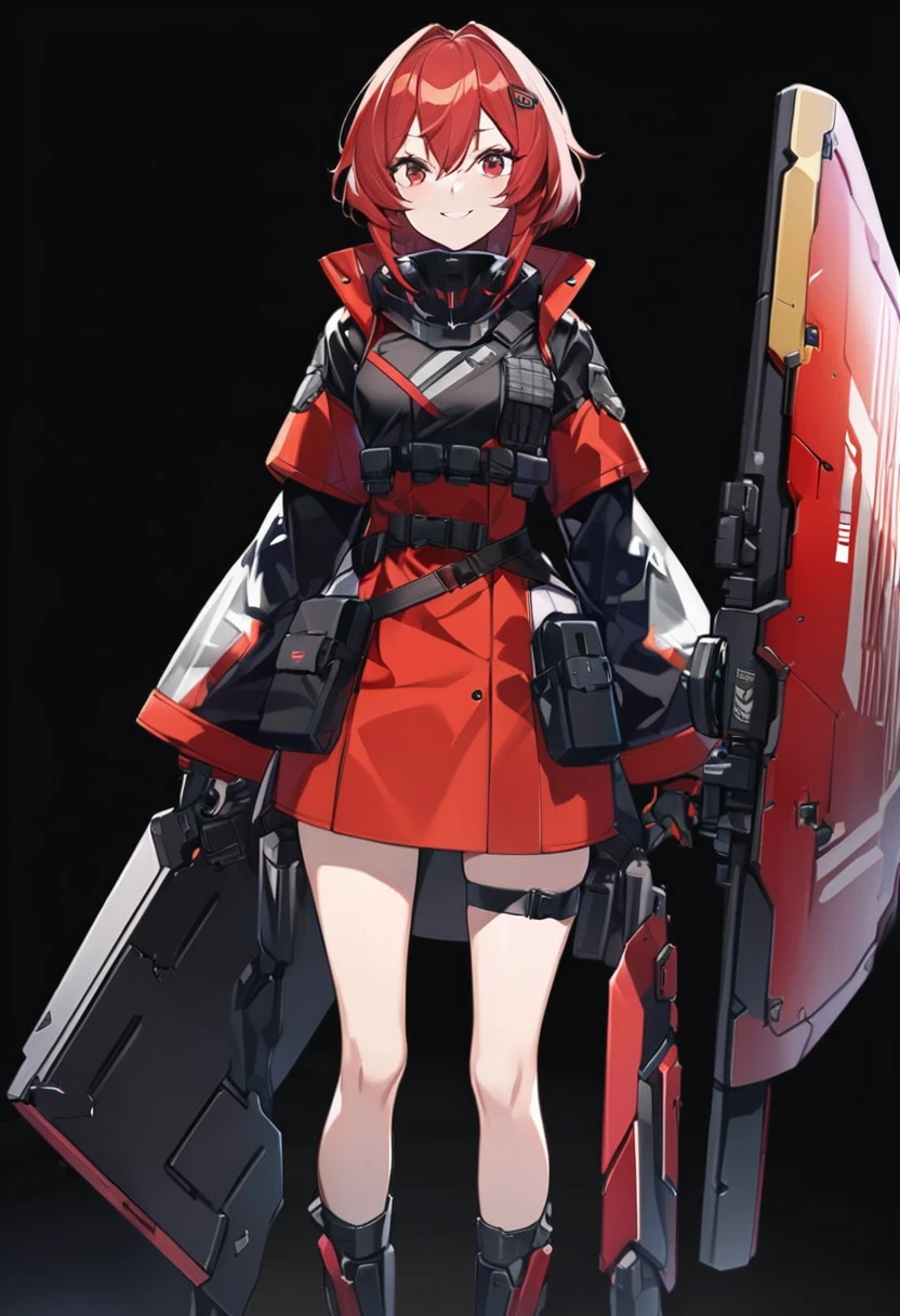 Anime-style woman in black and red outfit holding large shield, Cyberpunk Anime Girl Mecha, Wearing technical clothing, Amazing anime 8k, From Girls Frontline, Mechanized Soldier Girl, Special Assault Team, special forces, M4 Sopmod II Girls Frontline, Official character art, Kashert Kenz, Kshat Garland, ((short length red hair)), innocent, cute, smiling, ((black background)), ((simple background)), ((holding super large shield)), ((Shield as tall as the owner's height)), ((small chest)), ((black long botoms))
