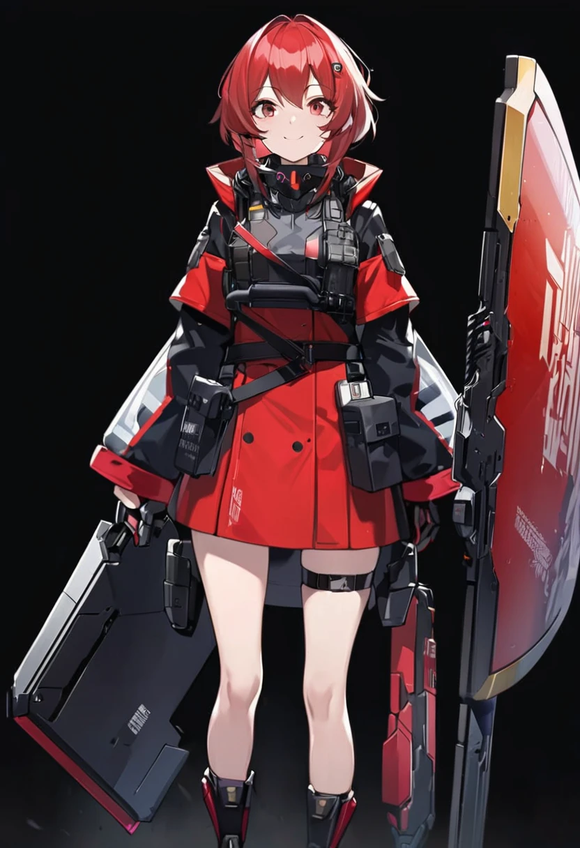Anime-style woman in black and red outfit holding large shield, Cyberpunk Anime Girl Mecha, Wearing technical clothing, Amazing anime 8k, From Girls Frontline, Mechanized Soldier Girl, Special Assault Team, special forces, M4 Sopmod II Girls Frontline, Official character art, Kashert Kenz, Kshat Garland, ((short length red hair)), innocent, cute, smiling, ((black background)), ((simple background)), ((holding super large shield)), ((Shield as tall as the owner's height)), ((small chest)), ((black long botoms))