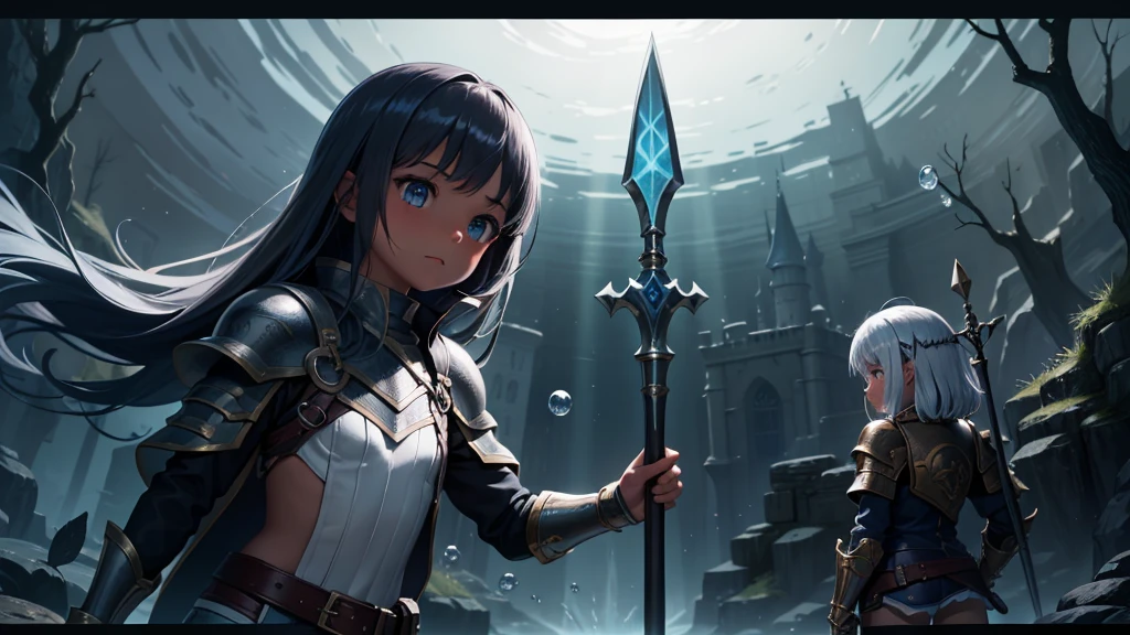 最high quality、high quality、Simple Cloth Armor、10Year-old girl adventurer、Pitch-dark underground labyrinth、No light、Shorts、Equipped with a dagger and a shield, The lower body is photographed underwater,