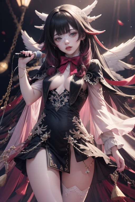Columbina_(genshin impact) VTuber, multicolored hair, black hair, pink hair, close eyes, mask, flowing hair, floating hair, ornament hair, perfectly body, perfectly hands, dark pink rose on hair, 1 girl, Looking at the audience, flowing hair, Beautiful Eyes, Plump and glossy lips, Idol, white dress with too many frills, white dress, magenta laces, black Short skirt, Drape clothes, magenta gem, Lace trim, bright stage, luxury gold details, gold jewelry, more details, best quality, Big sparkling eyes, blushing, white Striped Lace Stockings, white ta skirt, sparkle, solo, centered girl, cowboy shot, perfectly body, perfectly hands, two arms, two legs, two hands, five fingers, perfect anatomy, glowing hair, red roses, 1girl, dress, solo, flowing hair, floating hair, ornament hair, perfectly body, perfectly hands, on the stage, sparkles, more details on her clothes, dress with transparency, golden details on her dress, night, holding a microphone, cape ((4k, masterpiece, top-quality)), 8k, best quality, high resolution, UHD, (illustration:0.8), super cute girl, delicate and beautiful face, mature girl, super cute hairstyle, (beautiful detailed eyes:1.6), extremely detailed face, perfect lighting, extremely detailed CG, (perfect hands, perfect anatomy), Best quality, cleavage, small skirt, full Body, two arms, two legs, two hands, five fingers