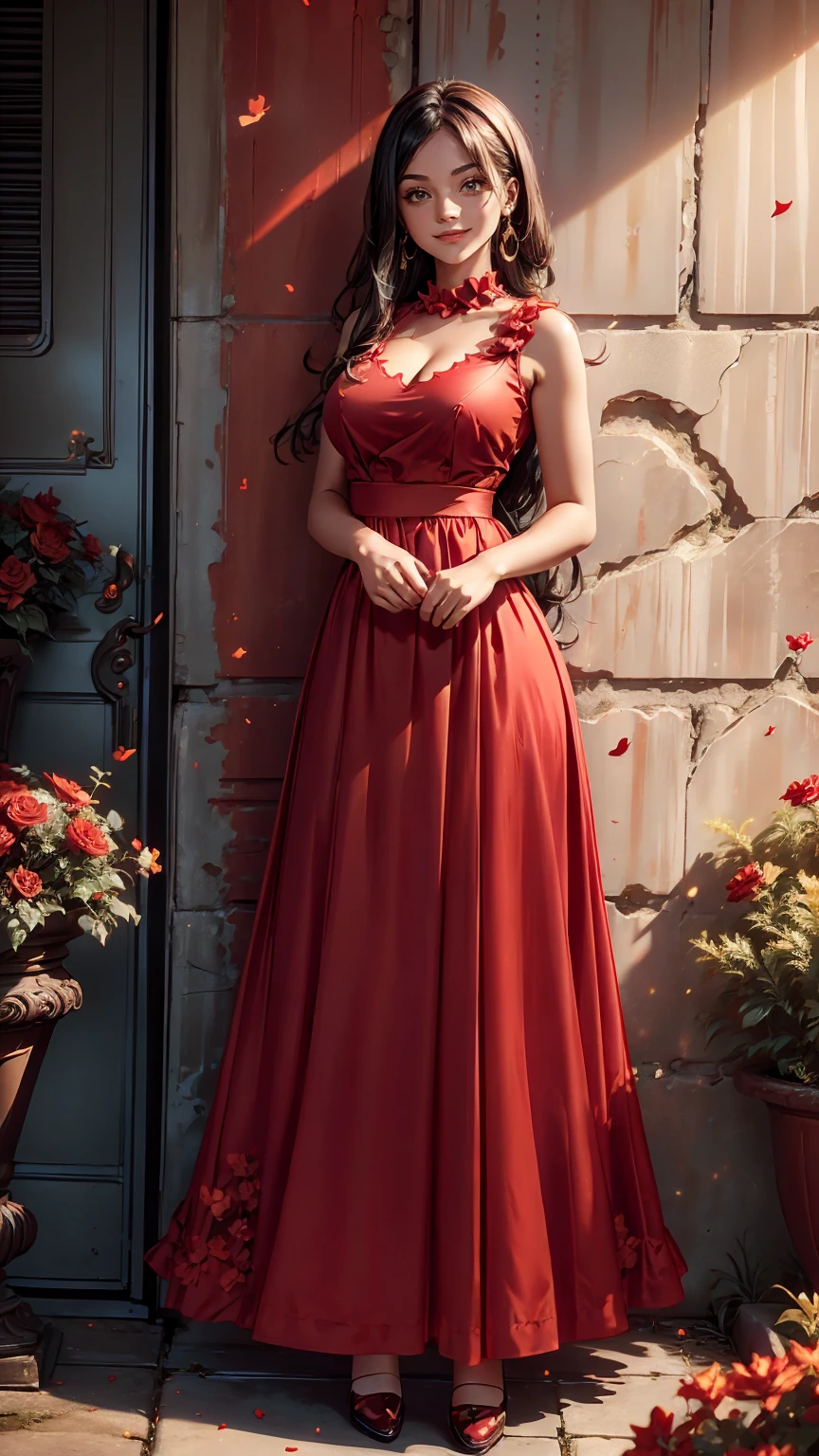 a woman in a red dress leaning against a wall, smiley face smile on face, huge breasts, hot body curves, beautiful flowers, wearing red dress, she arrived in a red dress, girl wears a red dress, red dress, sexy red dress, in a red dress, wearing a red dress, indian super model, red short dress, sleeveless red dress, female camila mendes, black and red dress, female gigachad, elegant red dress