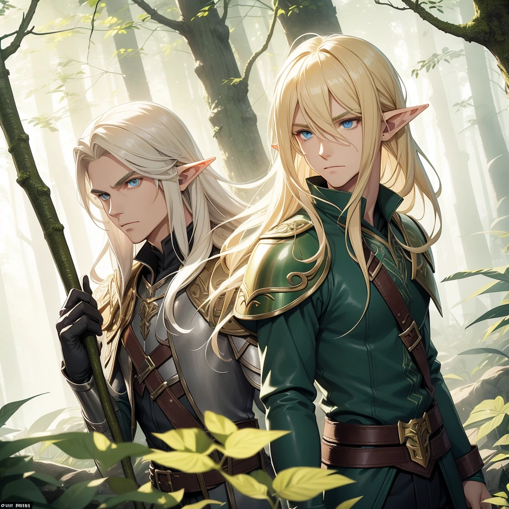 A male elf that possesses flowing blonde hair and striking blue eyes, typical of his elven heritage. He dresses in supple, forest-green leather armor crafted for agility and stealth, complemented by dark trousers and sturdy boots that allow him to move swiftly through the dense underbrush of Evershade Forest.
