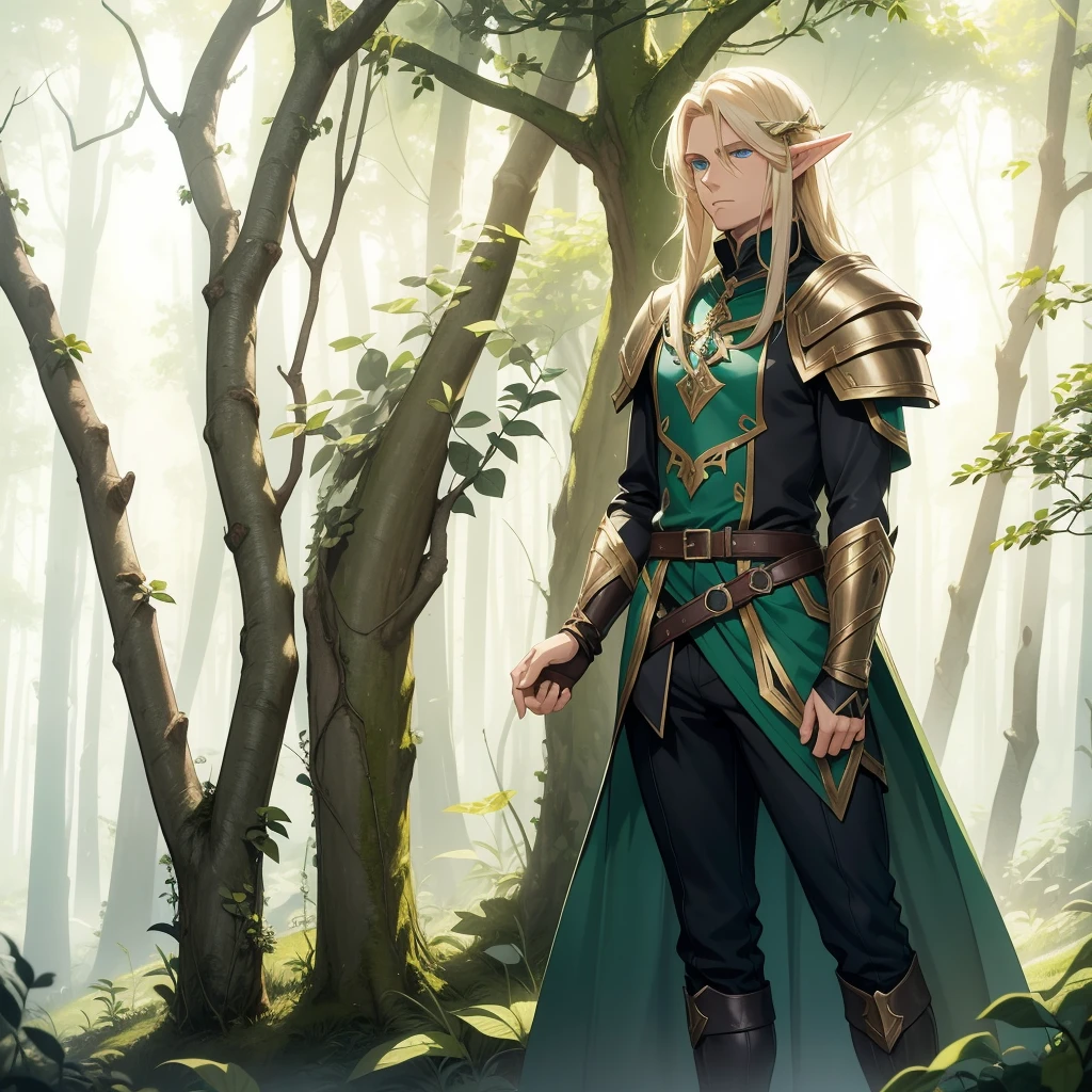 A male elf that possesses flowing blonde hair and striking blue eyes, typical of his elven heritage. He dresses in supple, forest-green leather armor crafted for agility and stealth, complemented by dark trousers and sturdy boots that allow him to move swiftly through the dense underbrush of Evershade Forest.