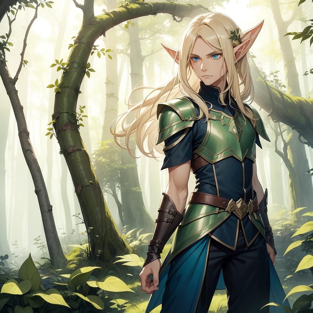 A male elf that possesses flowing blonde hair and striking blue eyes, typical of his elven heritage. He dresses in supple, forest-green leather armor crafted for agility and stealth, complemented by dark trousers and sturdy boots that allow him to move swiftly through the dense underbrush of Evershade Forest.
