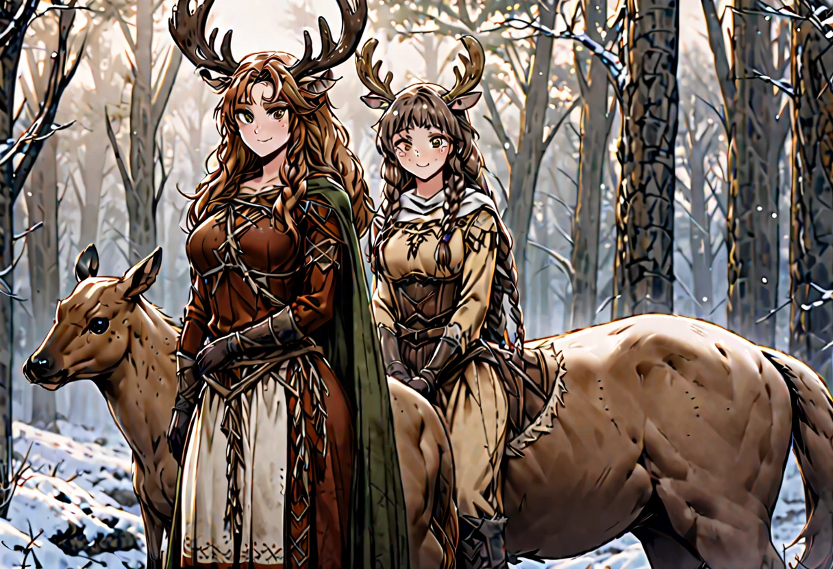 human male, female, sfw, panoramic shot, brown hair, long hair, wild hair, deer antlers, huge woman, brown eyes, cape, winter, forest, freckles, shy smile, shy pose, ((deertaur)), deer centaur, villager clothes, medieval, deer body, deer lower body, lugagge, braids