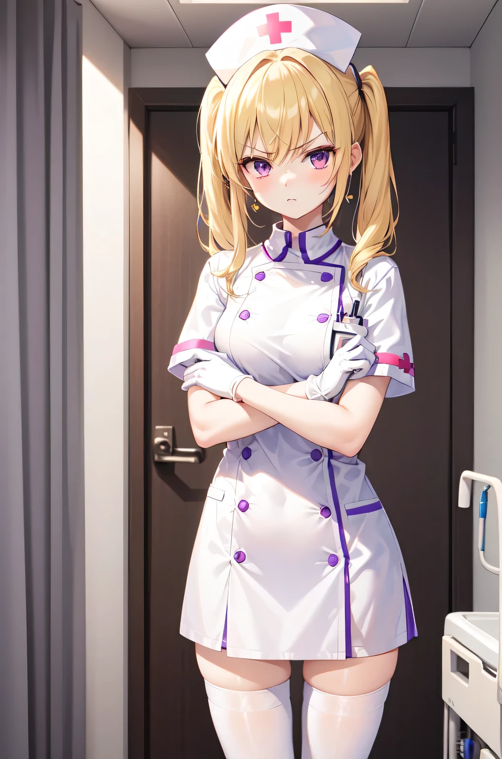 1girl, solo, nurse, nurse cap, white nurse uniform, ((white legwear, zettai ryouiki)), white gloves, twintails, yellow hair, purple eyes, angry, crossed arms, standing, ((hospital room)), sharp outline, short sleeves, best quality, masterpiece