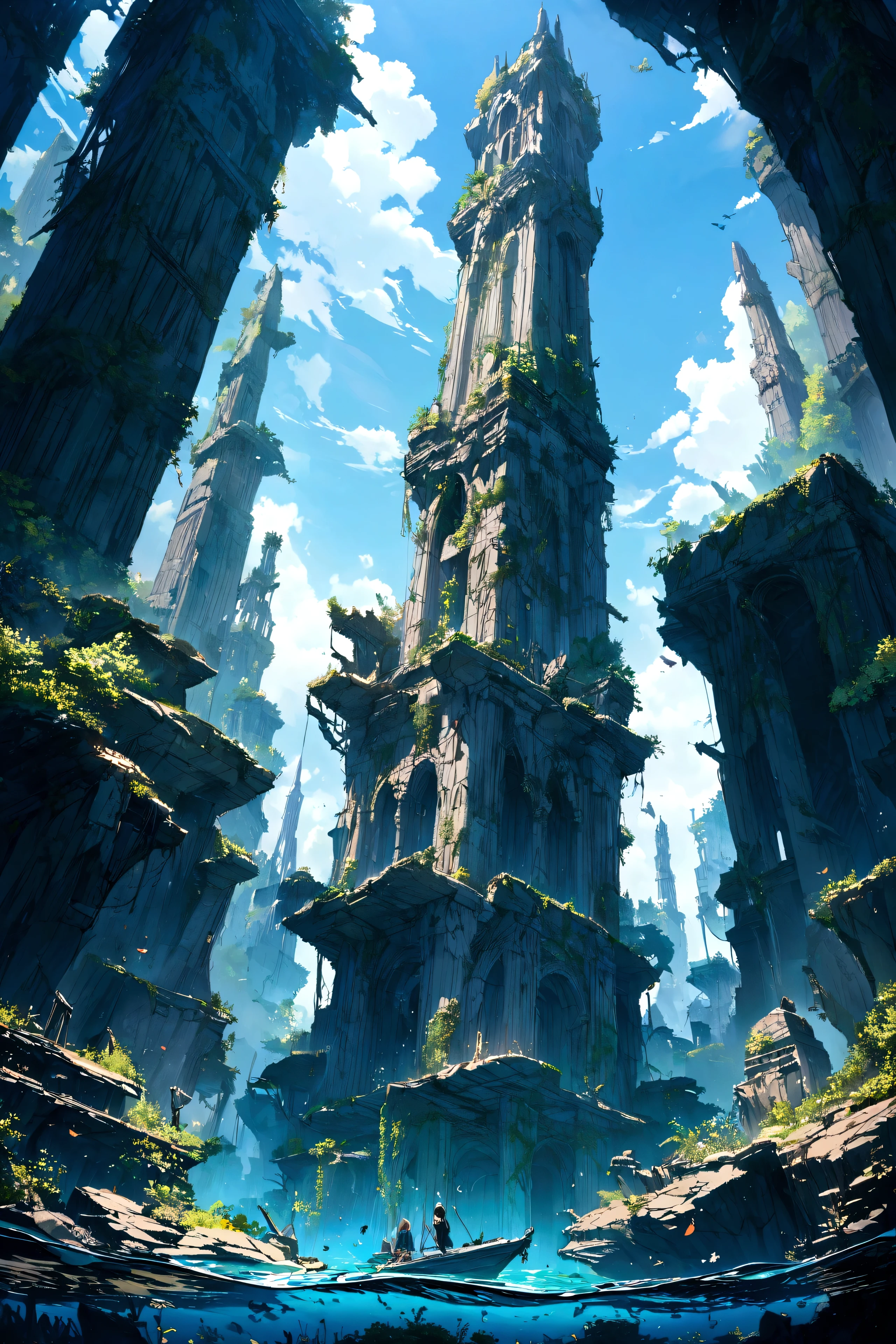 Submerged ruins of a tall tower, The world after civilization has fallen, Blue sky seen from underwater, High resolution, masterpiece, fine, 8K