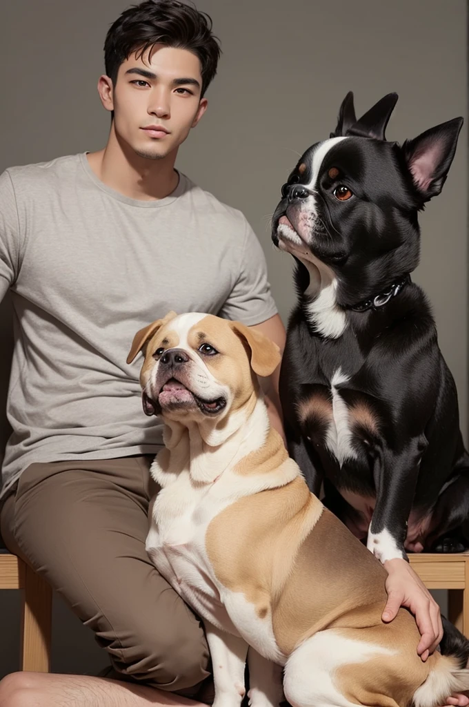 Drawing of 1 man sitting with 1 pit bull dog on the right side and another Pekingese dog on the left side