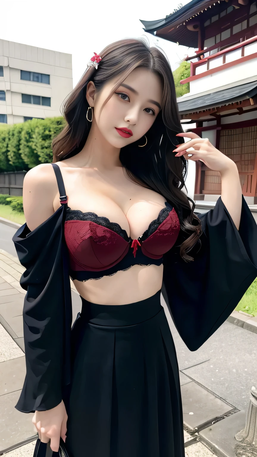 ltra-detailed、Japanese、attractive beauty、seductive adult woman、pretty woman、piercing eyes、cool girl、wavy hair、shrine maiden outfit、wide sleeves、Black skirt、Evil cadres、evil depravity、brainwash、mind control、apply lipstick、smirk、Evil expression、evil、empty eyes、evil、outside dilapidated building、contrapposto、vampire、vampire、Hypnosis、brainwashing、makeup brush, large breasts, breasts pushing tight clothing, black bra, off shoulder clothing, pretty, long wavy brown hair, red lipstick, hair ornament, hands together, high waist skirt up to black bra