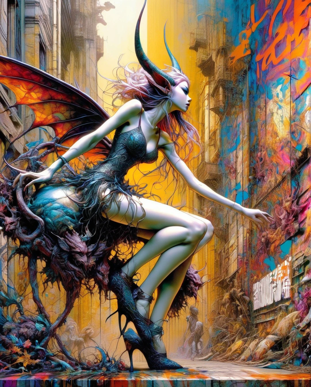 Masterpiece, photorealistic, highly detailed, Solarpunk, Neo-romanticism ,succubus, , manga, Walking with an exaggerated tip-toe step, masterpiece, best quality, aesthetic, Create an image in the style of graffiti art, with bold colors, expressive lettering, and a rebellious, urban vibe, artwork inspired by Brian Froud and Carne Griffiths and Wadim Kashin, intricate details, oil