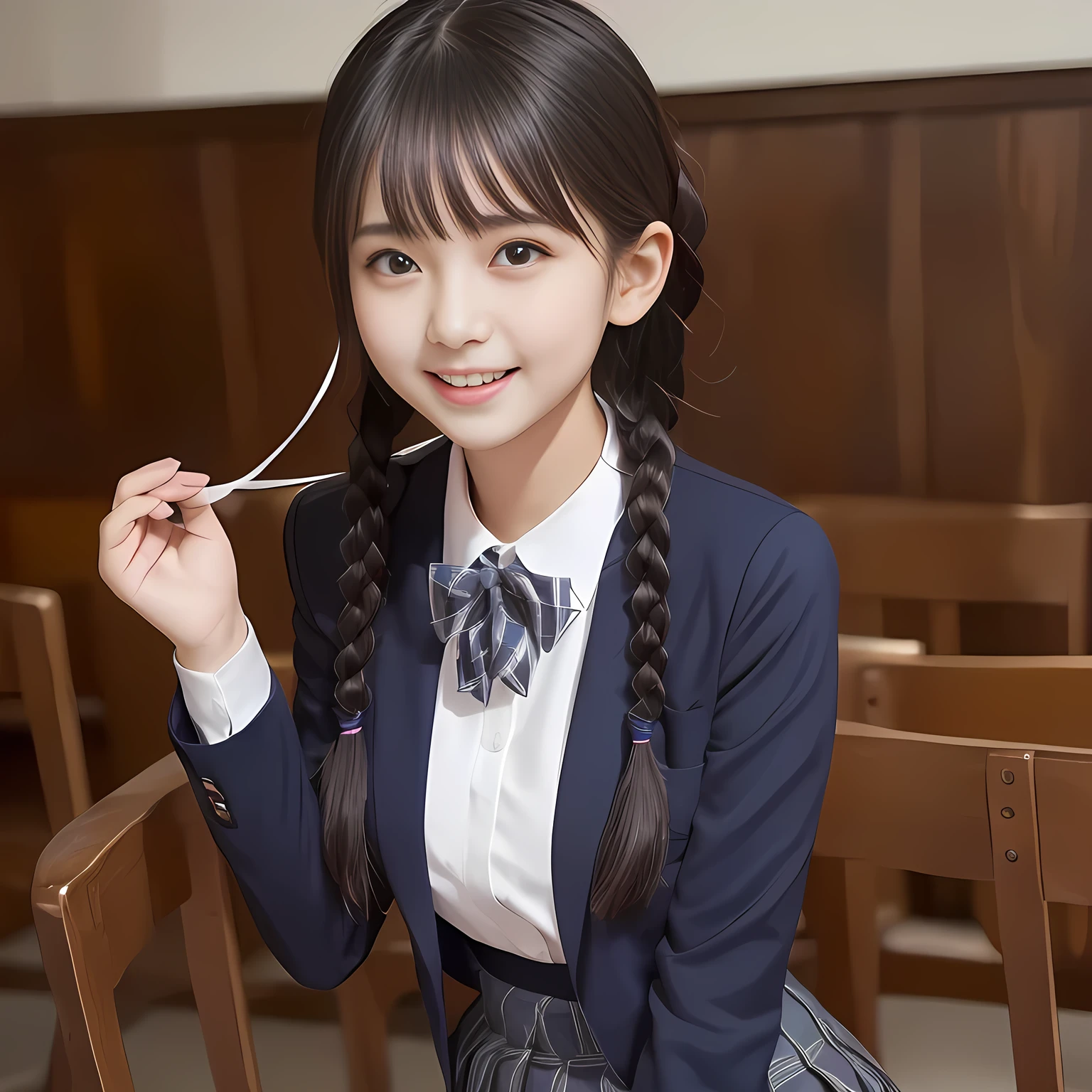 h resolution, 1080P, 8K, Height: 158cm, ((Like a beautiful girl in my dreams、A very intelligent, very noble, pretty and pure beautiful girl.、With the best smile、Looking at the audience、Hands over their mouths, Realistic fashion model photos)), A face that everyone loves, ((((A plump, white, round face)))),((Plump Cheeks)), Glossy lips, Even bangs, ((Very beautiful dark eyes)), The very large red shiny wide ribbon bowtie is very cute., ((Black Hair)), ((long twin braids)), (((A long, neat, dark navy blue checked pleated skirt))), (((Dark blue winter long sleeve blazer))), How to wear a neat uniform, Very lustrous, glossy lips, Open hand over open mouth, Ribbon in hair, slender, The ribbon is big and very pretty., Beautiful hair like a hair model, Long skirt, Watching the viewer and laughing, ((Incredibly beautiful face)), ((Pure and clear eyes))