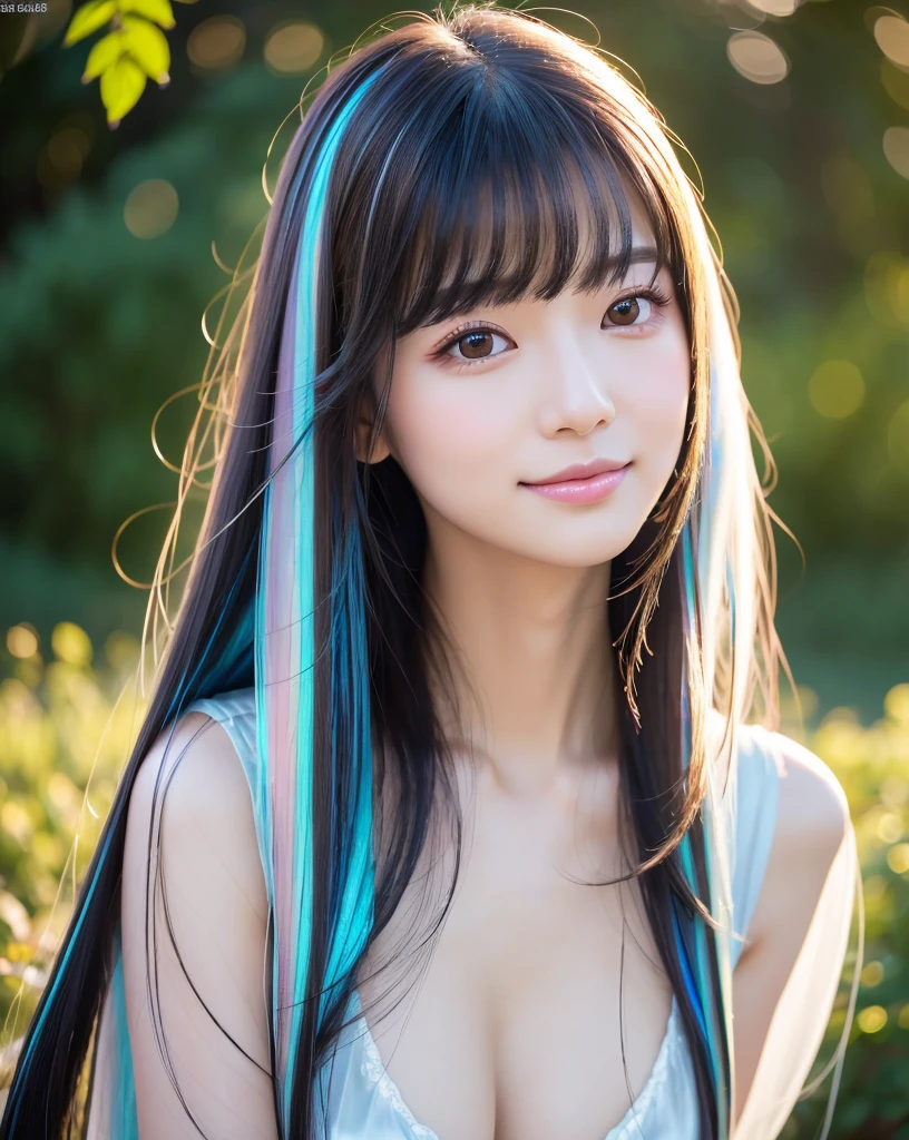 (Highest quality, 32k, High resolution, Masterpiece:1.5, ), marimo_jet, god々A photograph with brilliant dazzling and healing power., Evoking a sense of calm and elusive beauty, Expressing emotions, Have a rich imagination,Beautiful Japanese Girls, An exceptionally beautiful face, Small Face Beauty, Perfect Human Anatomy, Magical big eyes, Motherhood and generosity, Deep Love, fleeting smile, ((Iridescent gradient hair:1.1)), ((Super Long Straight Silk Hair:1.1)), Asymmetrical bangs, Hair between the eyes, Transparent, soft white skin, Sharp eyebrows, Thin lashes, Natural Makeup, Cheek highlighter, Pale pink detailed lips, High resolutionの完璧な鎖骨, High resolutionの美しい胸元, Slim figure with ample breasts, High resolutionの美しい太もも, Professional Lighting, Professional photographer, Professional models, god秘的