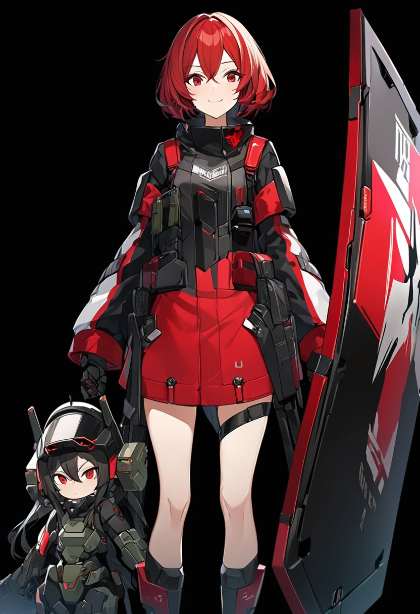 Anime-style woman in black and red outfit holding large shield, Cyberpunk Anime Girl Mecha, Wearing technical clothing, Amazing anime 8k, From Girls Frontline, Mechanized Soldier Girl, Special Assault Team, special forces, M4 Sopmod II Girls Frontline, Official character art, Kashert Kenz, Kshat Garland, ((short length red hair)), innocent, cute, smiling, ((black background)), ((simple background)), ((holding super large shield)), ((Shield as tall as the owner's height)), ((small chest)), ((black long botoms))