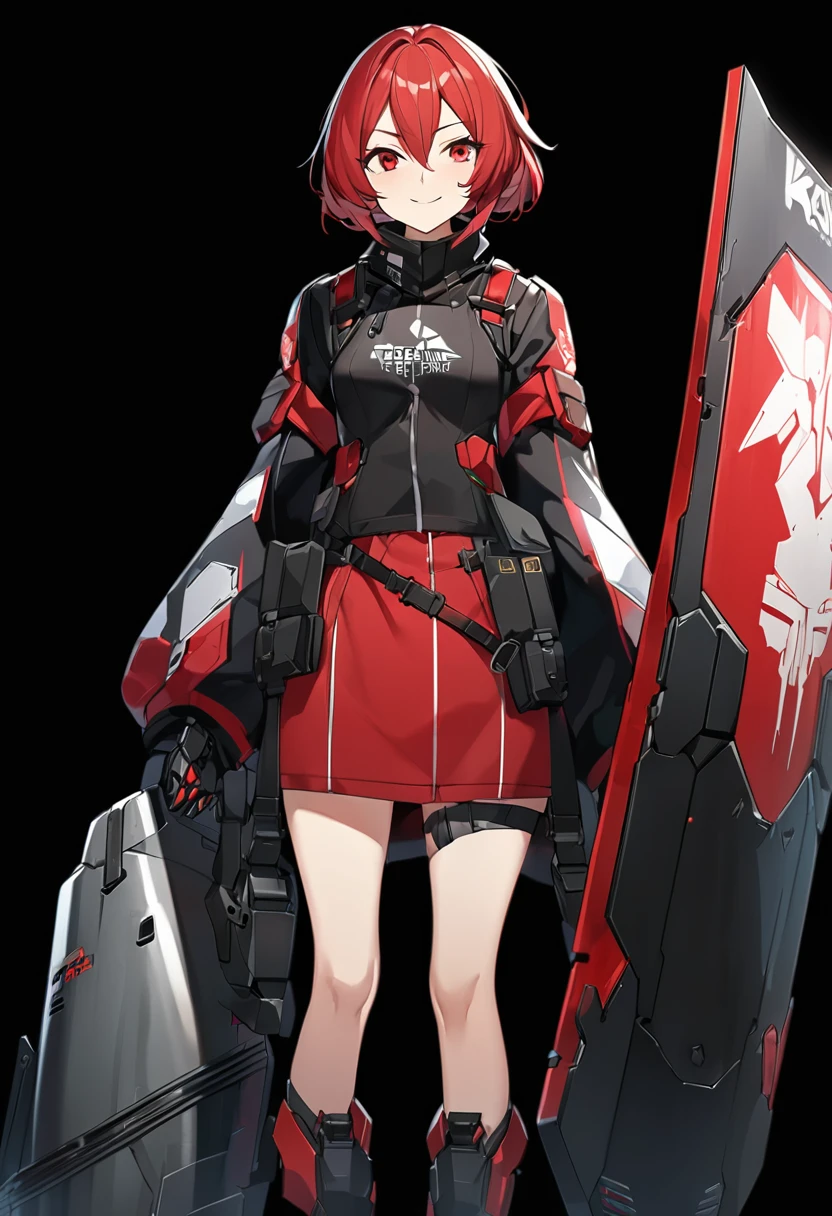 Anime-style woman in black and red outfit holding large shield, Cyberpunk Anime Girl Mecha, Wearing technical clothing, Amazing anime 8k, From Girls Frontline, Mechanized Soldier Girl, Special Assault Team, special forces, M4 Sopmod II Girls Frontline, Official character art, Kashert Kenz, Kshat Garland, ((short length red hair)), innocent, cute, smiling, ((black background)), ((simple background)), ((holding super large shield)), ((Shield as tall as the owner's height)), ((small chest)), ((black long botoms))