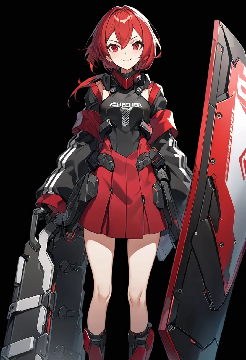 Anime-style woman in black and red outfit holding large shield, Cyberpunk Anime Girl Mecha, Wearing technical clothing, Amazing anime 8k, From Girls Frontline, Mechanized Soldier Girl, Special Assault Team, special forces, M4 Sopmod II Girls Frontline, Official character art, Kashert Kenz, Kshat Garland, ((short length red hair)), innocent, cute, smiling, ((black background)), ((simple background)), ((holding super large shield)), ((Shield as tall as the owner's height)), ((small chest)), ((black long botoms))