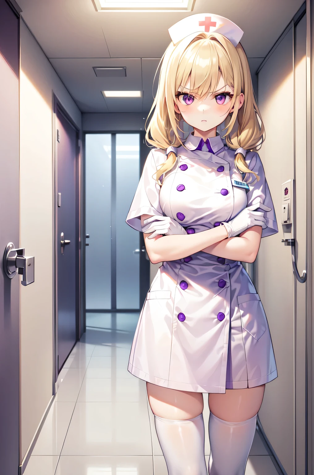 1girl, solo, nurse, nurse cap, white nurse uniform, ((white legwear, zettai ryouiki)), white gloves, twintails, yellow hair, purple eyes, angry, crossed arms, standing, ((hospital room)), sharp outline, short sleeves, best quality, masterpiece