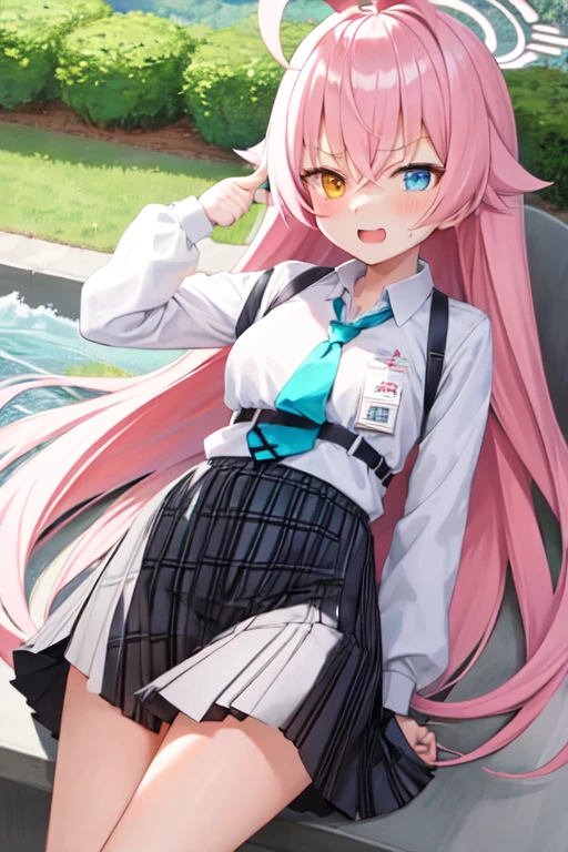 masterpiece, Highest quality, Super detailed, One girl, Hoshino, White shirt, Pleated skirt, Are standing,
Outdoor,thumbs up,angry