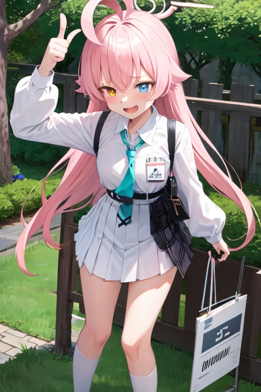 masterpiece, Highest quality, Super detailed, One girl, Hoshino, White shirt, Pleated skirt, Are standing, 
Outdoor,thumbs up,angry