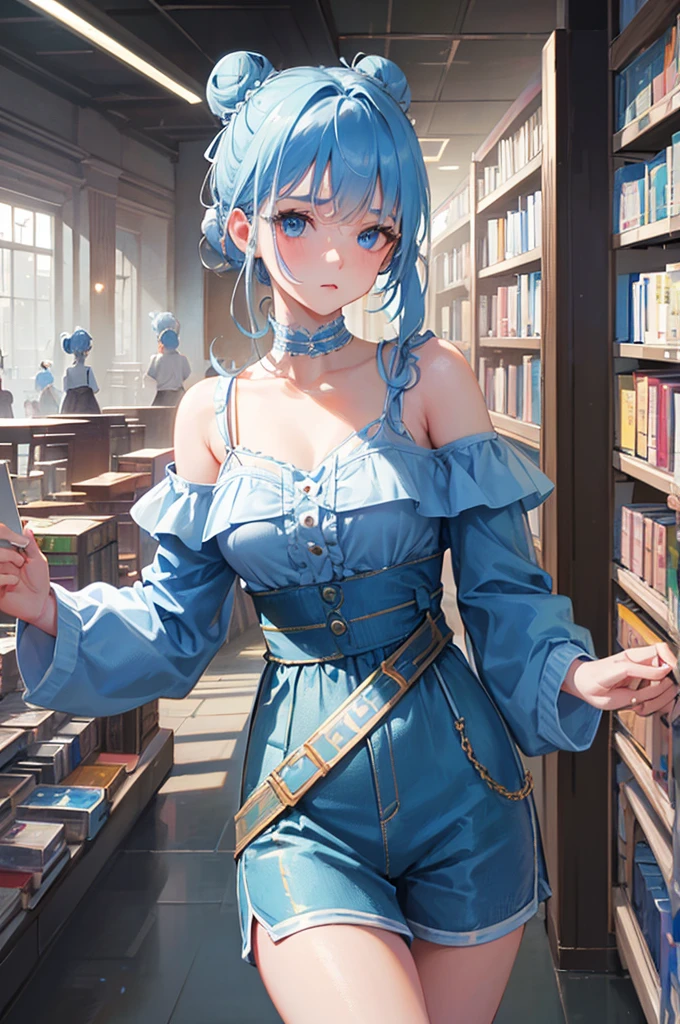 8K, Highest quality, masterpiece, Ultra-detailed、Light blue hair、Medium hair 、double hair buns、double hair buns、Bun Hair、full lips、Blue Eyes、18Year-old beauty、Portrait、library、Off-the-shoulder knit、Shorts、Library、Random facial expressions