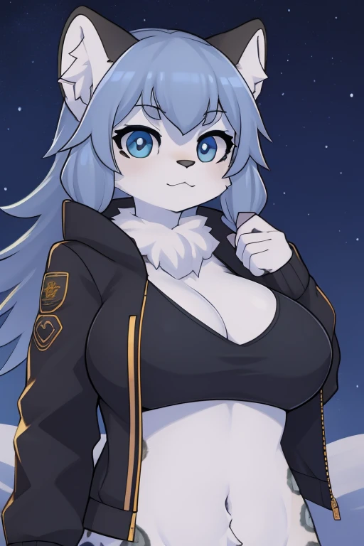 hairy，Hairy chest，snow leopard，in the evening，Night Sky, ，Close-up of cute characters，Blue pupils，Crop topping，full，，Small jacket，female，Big breasts full body photos