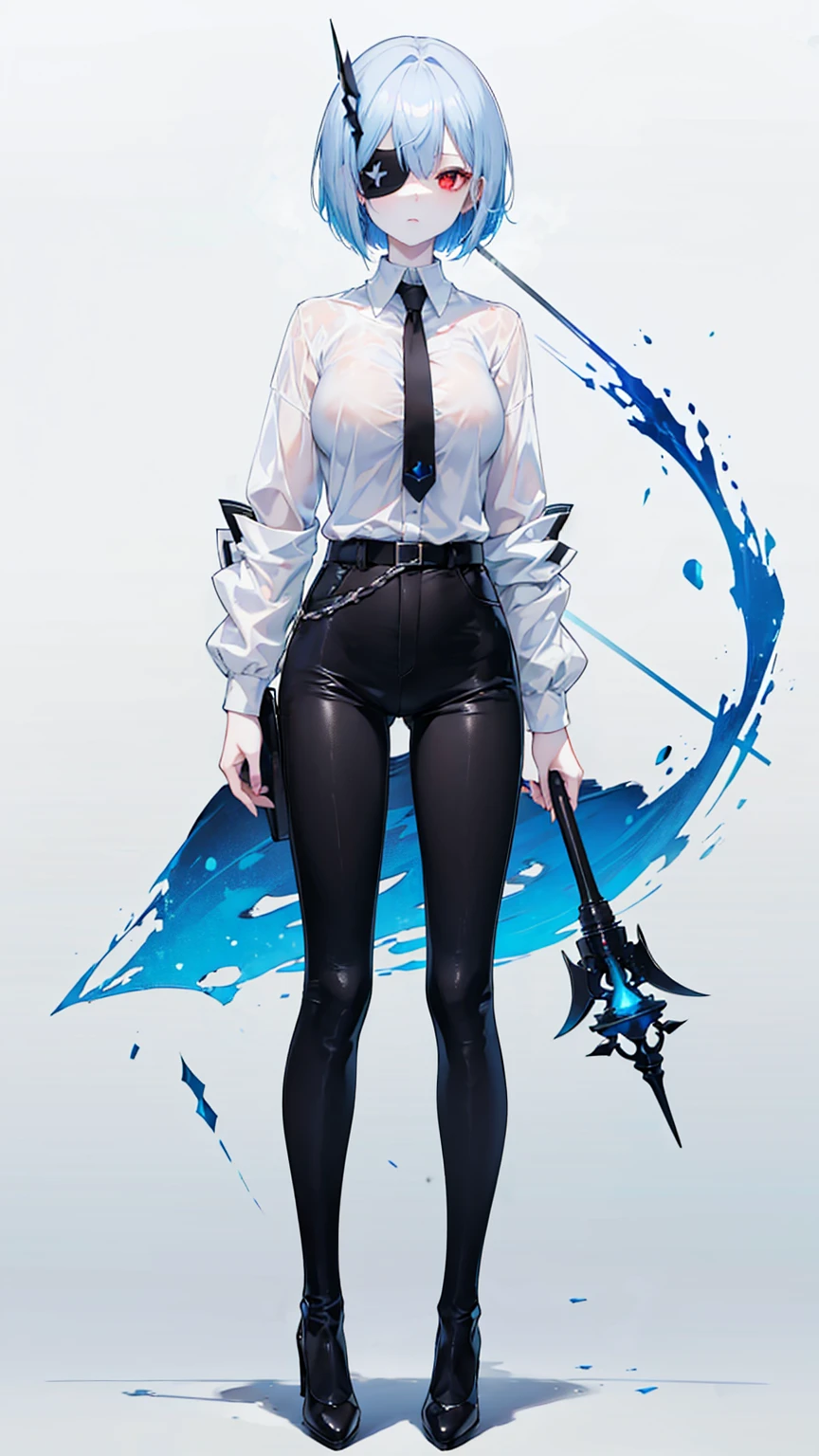 Sky blue short Bob, Red eyes, Black long-sleeved shirt, White pale skin, White eye patch, tall, long leg, Black trousers, Black high-heels, Big Breast