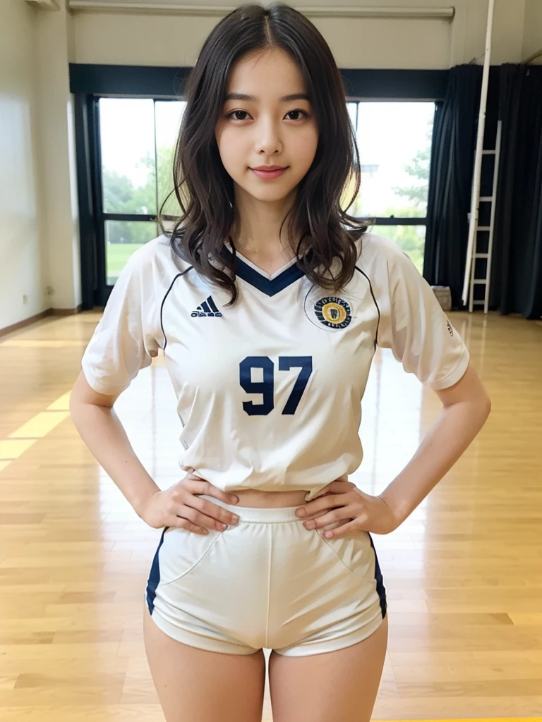 Glossy thighs、(8K、top-quality、masterpiece:1.2)、(realisitic、Photorealsitic:1.37)、ultra-detailliert、top-quality、超A high resolution、professionally lit、Photon mapping、Radio City、physically-based renderingt、Cinematic lighting、depth of fields,Focusing,Sun'rays,Good composition,,(((1 girl of 12 years))),Double eyes、(((white Volleyball uniform 、Dark blue high-leg low-rise bloomers)))、Gymnasium、A big smile、Gymnasium Court, (Tween model, 12 year old girl, young)), Ethereal beautiful, slim, very beautiful short hair,Colossal tits、 Toned abs, short cut hair、Soft light, ((David Hamilton Style)),
