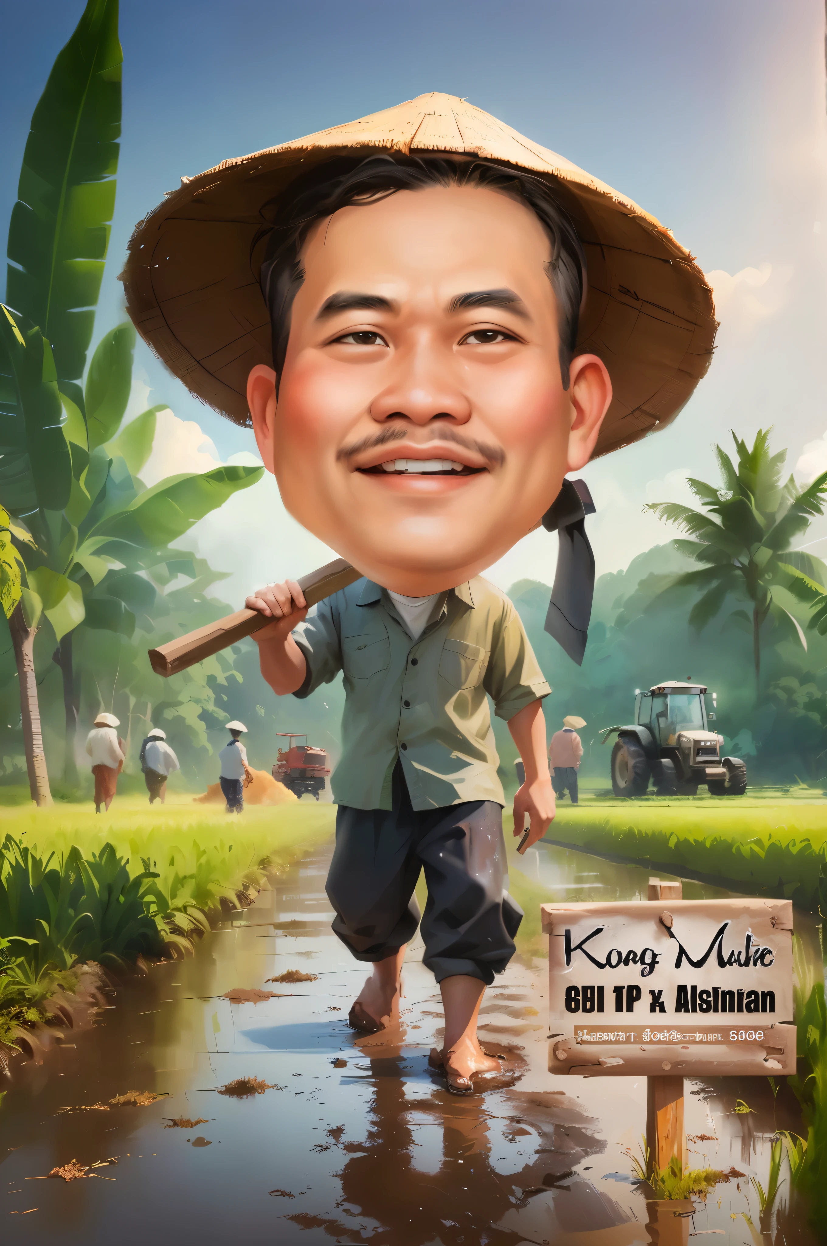 cartoon man walking in a muddy field with Bring a hoe, black hair, With a wooden plank stuck in front of him, caricature illustration, farmer, caricature style, japanesse farmer, cartoon portrait, caricature, cartoon digital painting, caricature!!!, south east asian with round face, cartoon artstyle, potrait, cartoon digital art, digital cartoon painting art, do hoang tuong artwork, big head