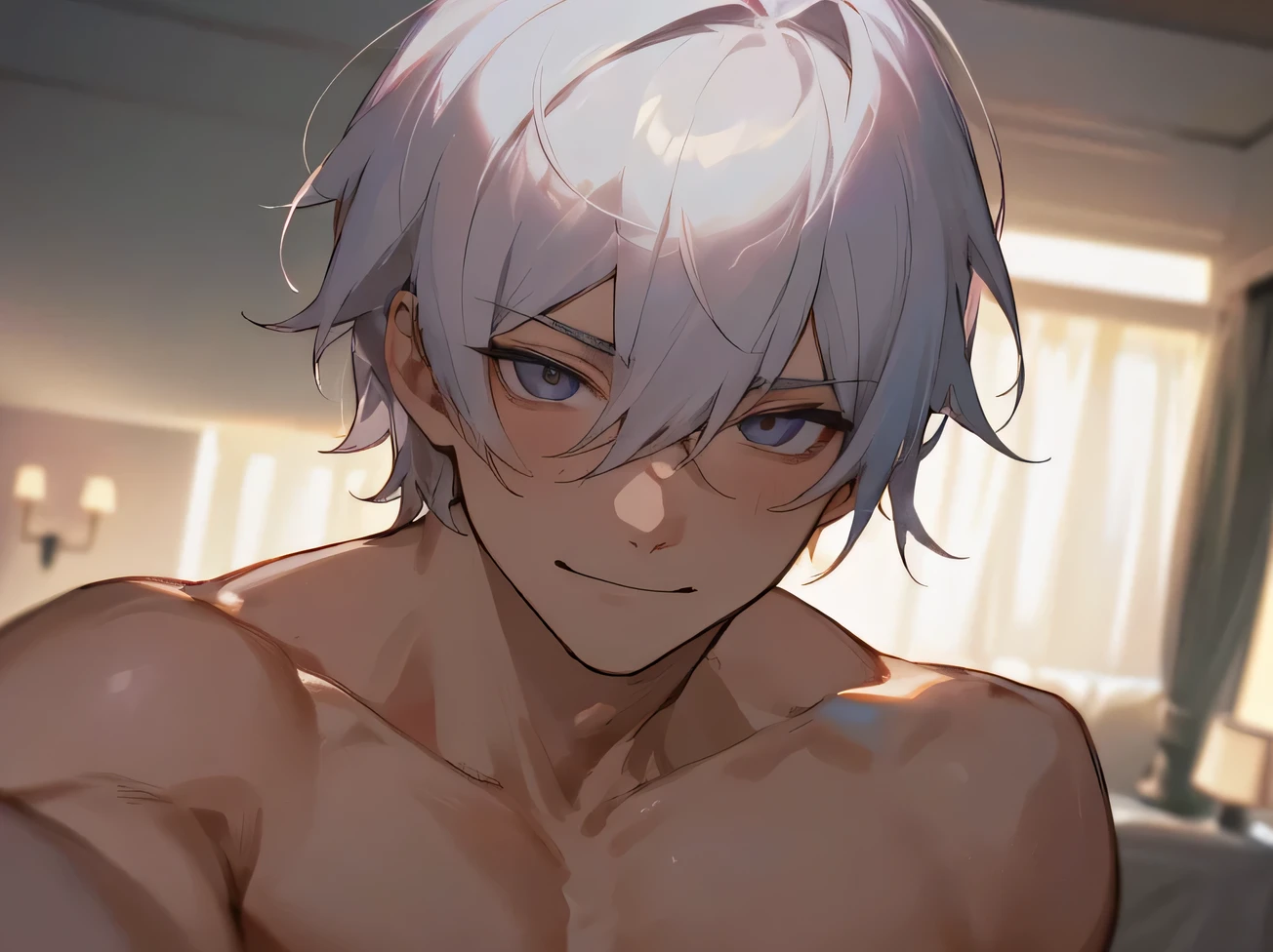masterpiece,naked,aldult.,male,Handsome,Cool vibe,I,Silver-haired,mash,Gloomy mood(Masseter muscle area,Viewer Perspective,Upper Body,Face close-up,Horny,Wicked Smile,Yandere atmosphere light,Hotel room bed