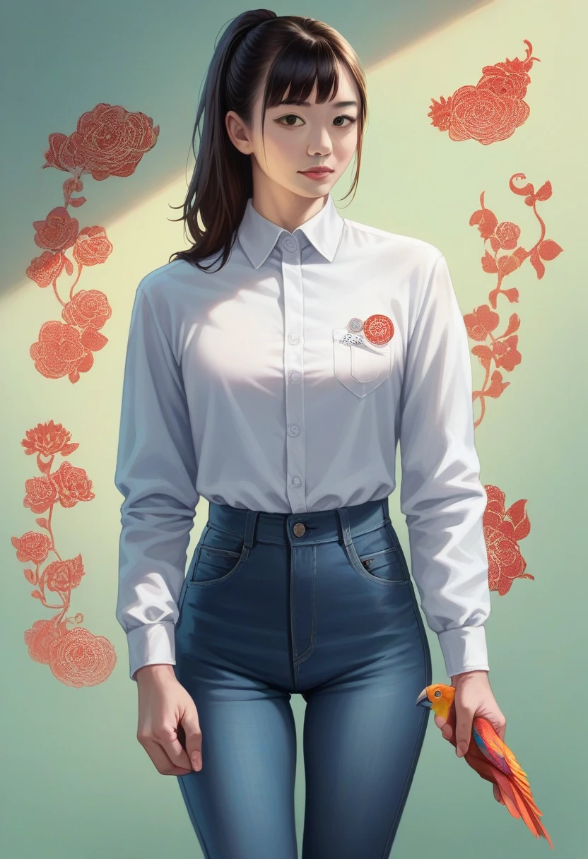 a young asian woman with a malay-like face, wearing a white shirt with abstract black and red patterns, black jeans, holding a green, yellow and red parrot, with a wolf cut hairstyle in the korean style, realistic, professional photography, high quality, HD, bright lighting, high resolution, photorealistic
