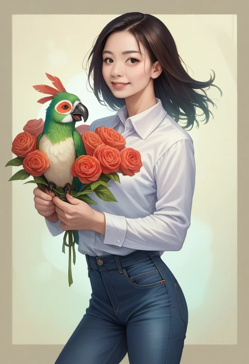 a young asian woman with a malay-like face, wearing a white shirt with abstract black and red patterns, black jeans, holding a green, yellow and red parrot, with a wolf cut hairstyle in the korean style, realistic, professional photography, high quality, HD, bright lighting, high resolution, photorealistic