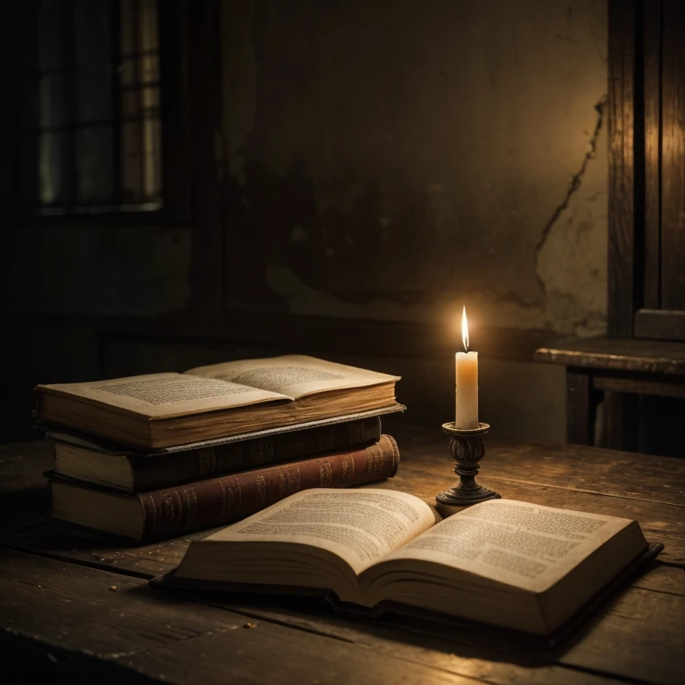make the image of an old book under an old wooden table with a melted and unlit candle on the side, inside an old house apparently abandoned, horror environment
