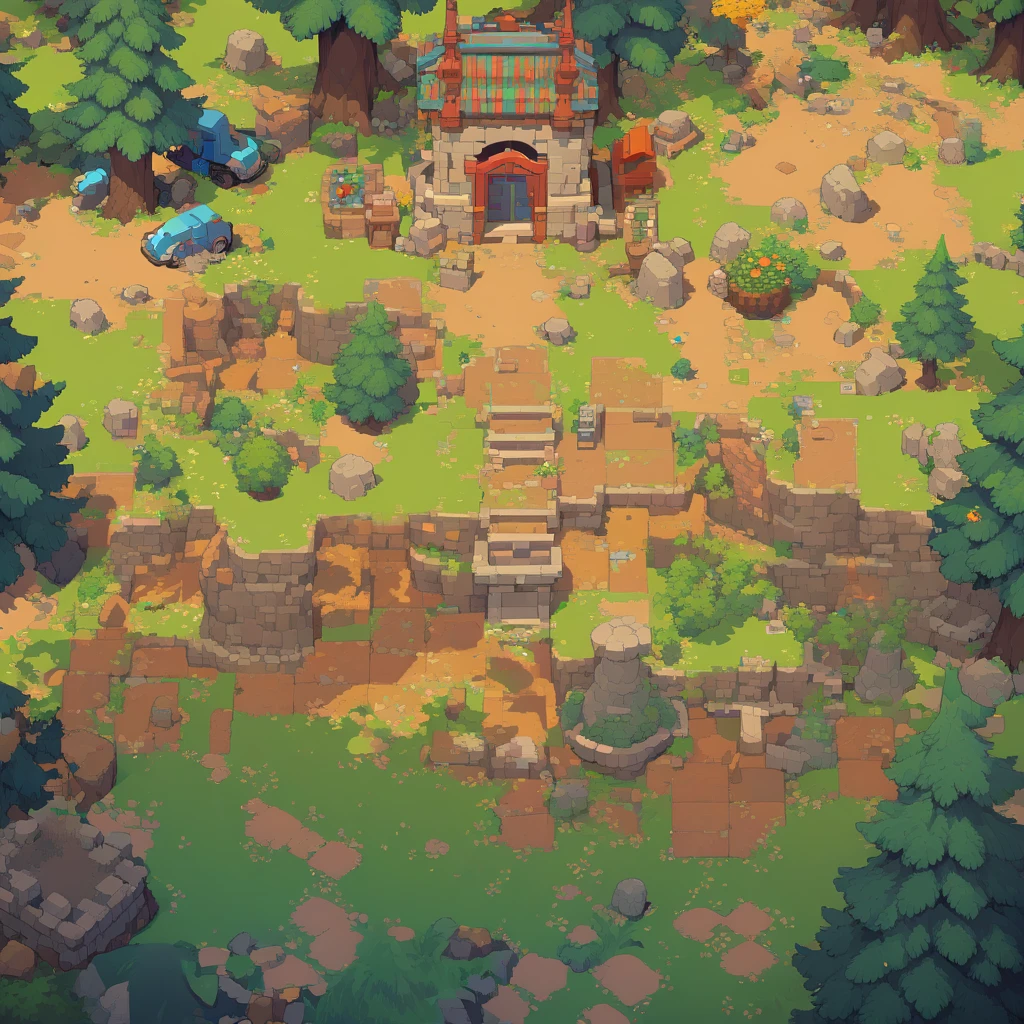 retro video game style,pixelated, vibrant pastel colors,8-bit characters,blocky shapes,sharp lines,detailed shading,classic gaming vibe,nostalgic atmosphere,classic arcade games,masterpiece:1.2,ultra-detailed,illustration style, 2d texture, clay texture, stone texture, 4 k seamless mud texture, video game texture, dirt texture, tileset, game tiles, clay material, flat texture, grass, trees, rock texture, rocky ground, forest, topdown view, game texture, game art, ground very detailed, dirt, floor texture, tileable texture, flowers, bushes, shrubs, intricate ground stone, top down view, 3/4th perspective