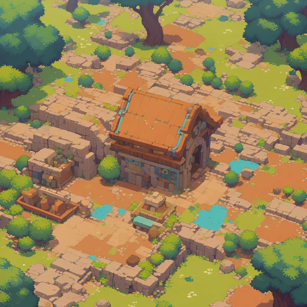 retro video game style,pixelated, vibrant pastel colors,8-bit characters,blocky shapes,sharp lines,detailed shading,classic gaming vibe,nostalgic atmosphere,classic arcade games,masterpiece:1.2,ultra-detailed,illustration style, 2d texture, clay texture, stone texture, 4 k seamless mud texture, video game texture, dirt texture, tileset, game tiles, clay material, flat texture, grass, trees, rock texture, rocky ground, forest, topdown view, game texture, game art, ground very detailed, dirt, floor texture, tileable texture, flowers, bushes, shrubs, intricate ground stone, top down view, 3/4th perspective